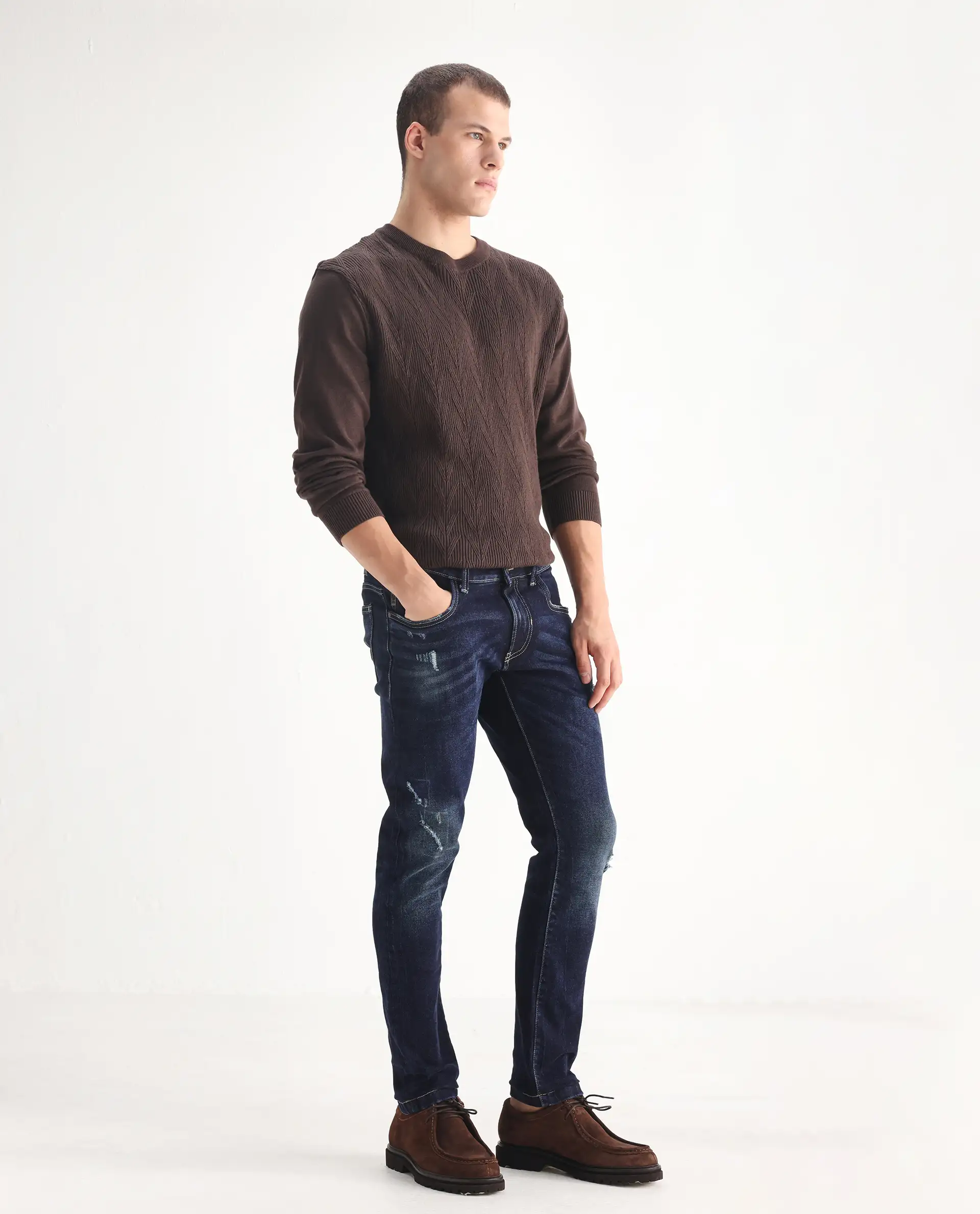 Rare Rabbit Men's Dili Dusky Navy Cotton Blend Plain Hawk Slim Fit Jeans - Image 5