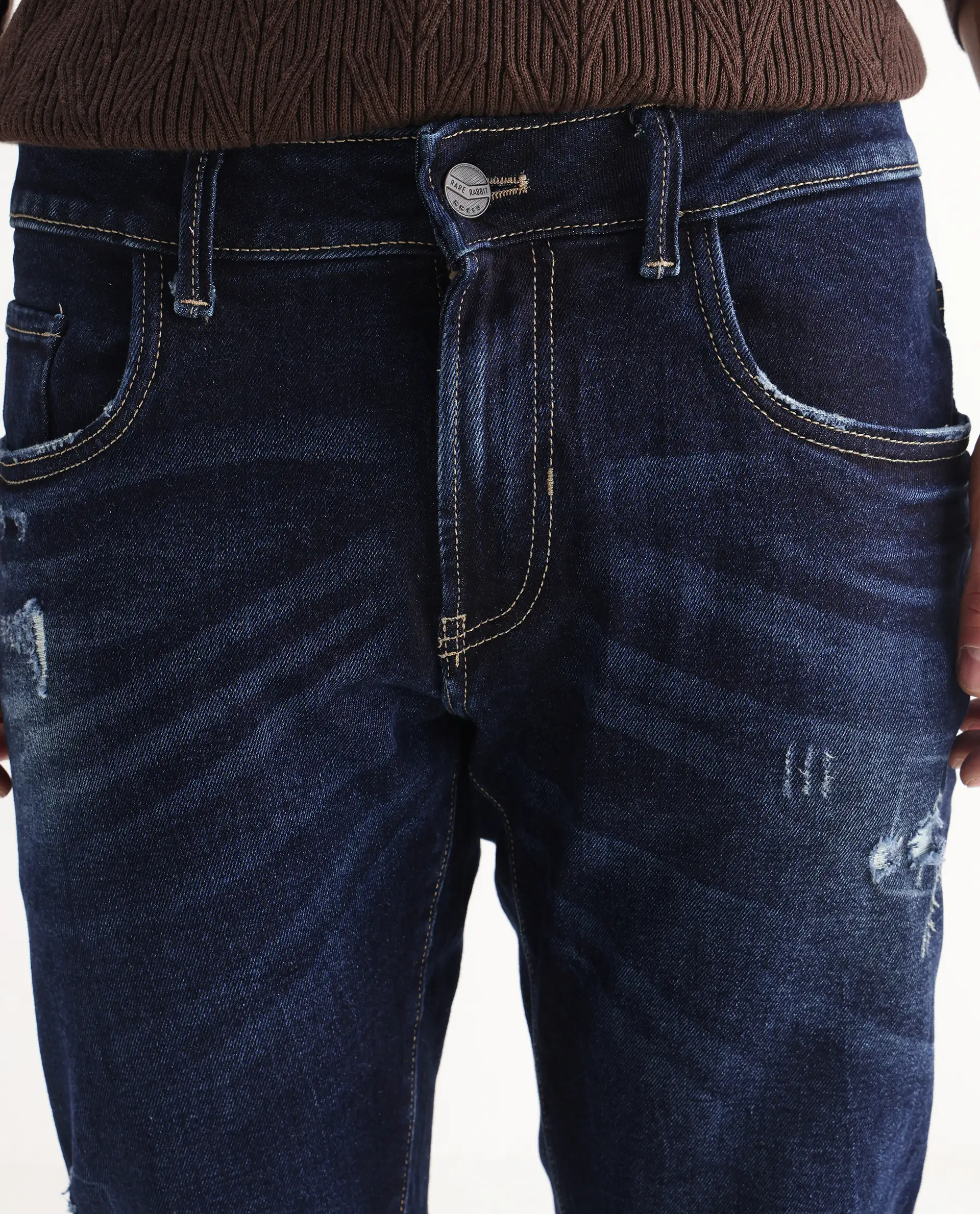 Rare Rabbit Men's Dili Dusky Navy Cotton Blend Plain Hawk Slim Fit Jeans - Image 7