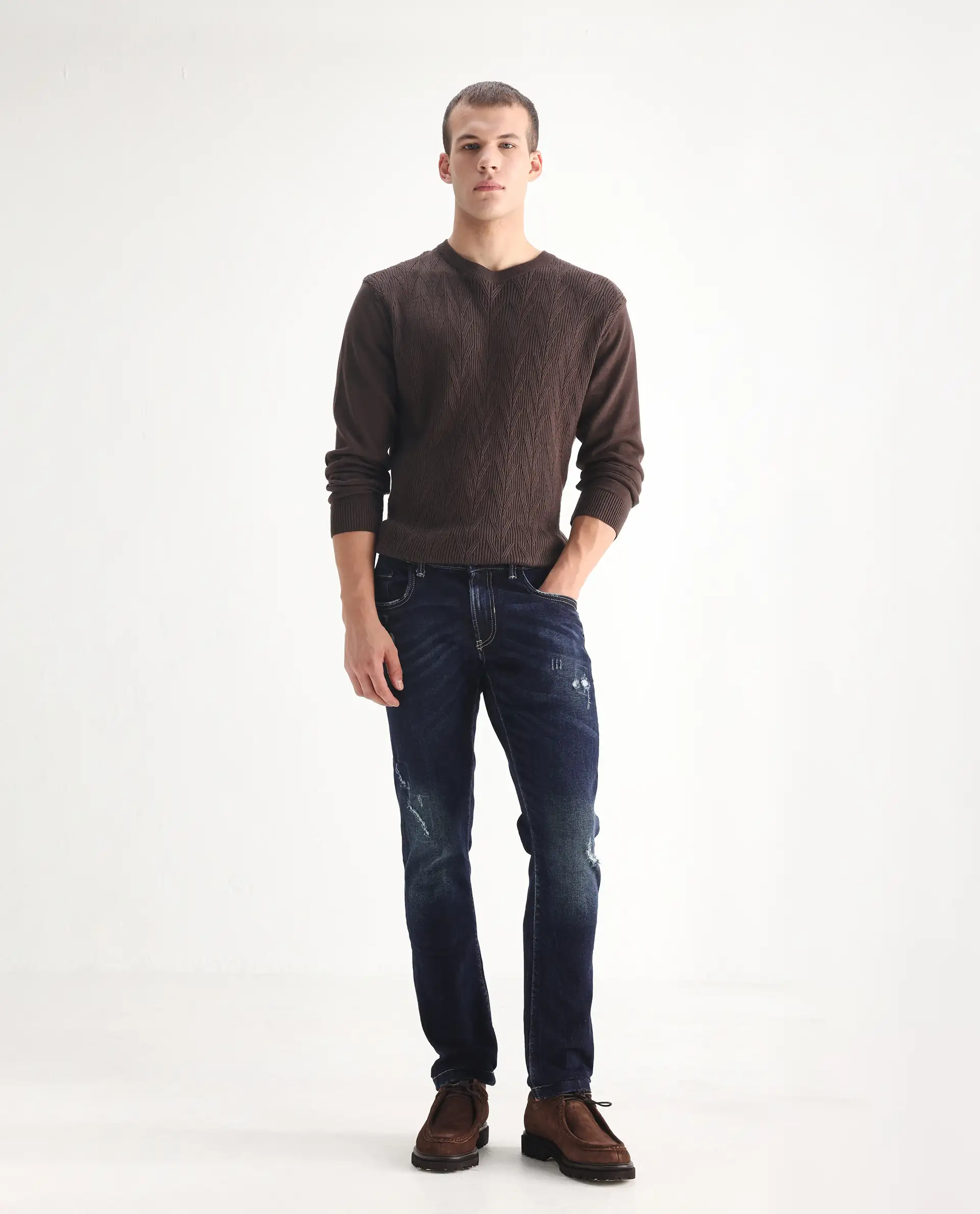 Rare Rabbit Men's Dili Dusky Navy Cotton Blend Plain Hawk Slim Fit Jeans - Image 9