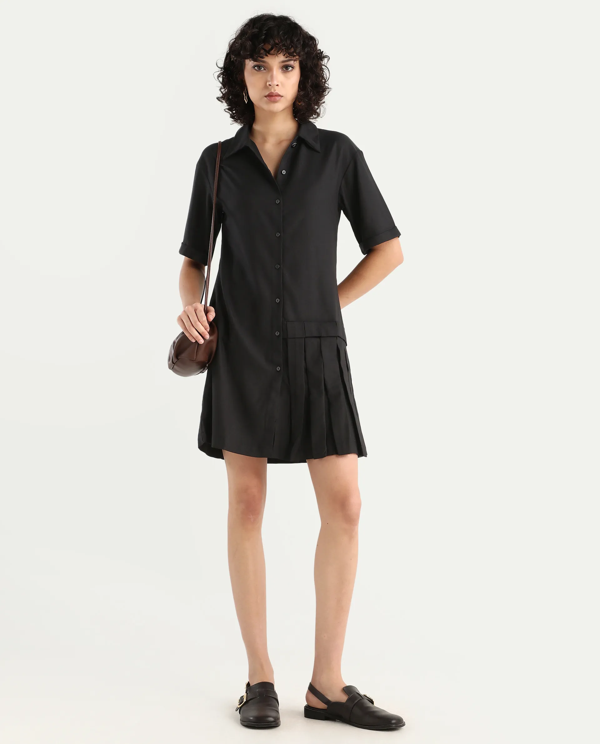 Rareism Women's Dilijan Black Cotton Blend Drop Collar Plain Knee Length Asymmetric Dress - Image 2