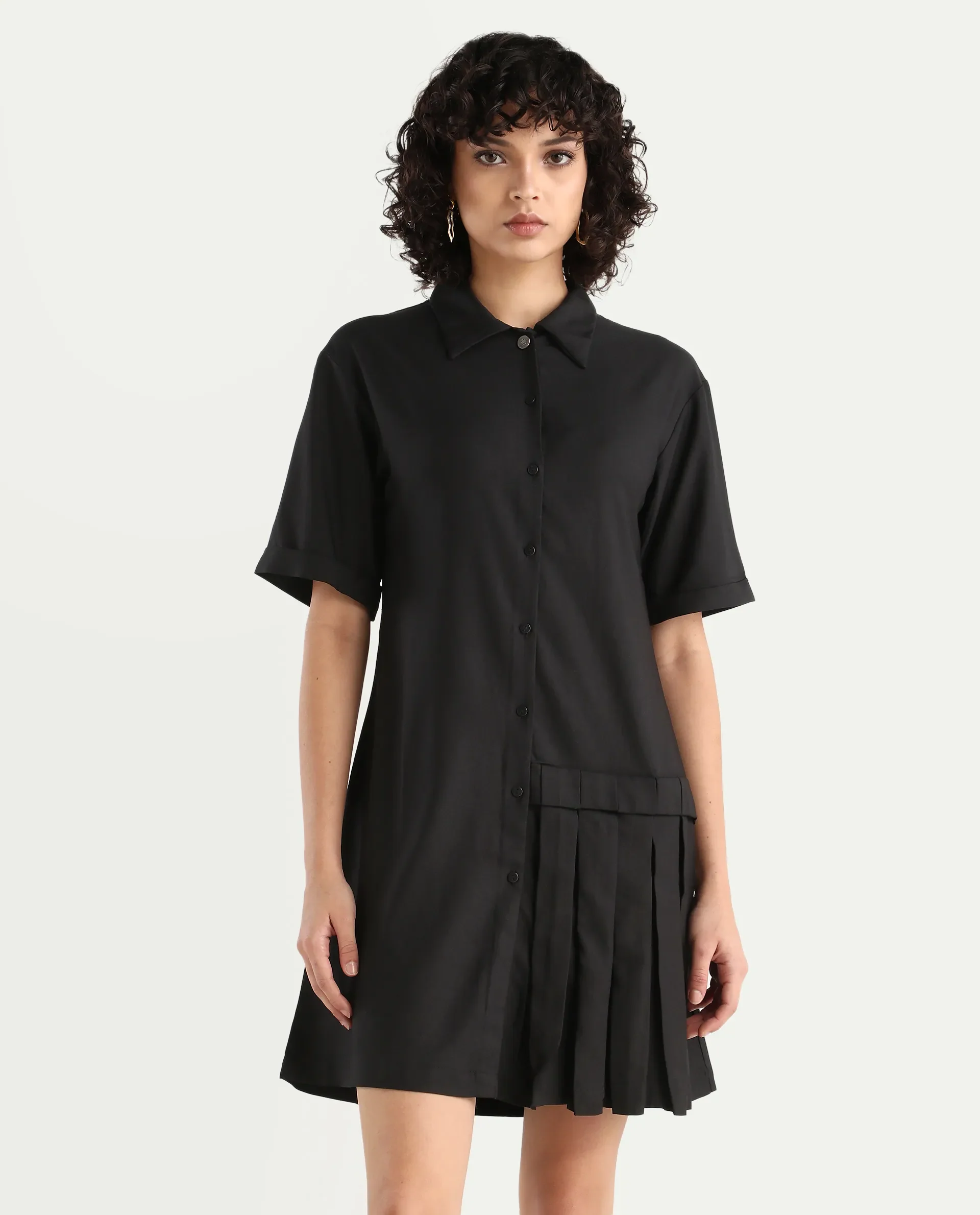 Rareism Women's Dilijan Black Cotton Blend Drop Collar Plain Knee Length Asymmetric Dress - Image 3