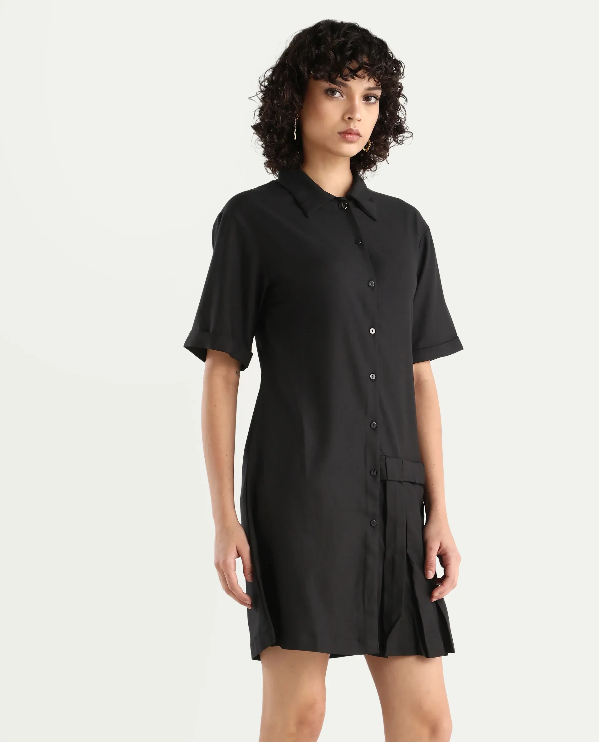 Rareism Women's Dilijan Black Cotton Blend Drop Collar Plain Knee Length Asymmetric Dress - Image 5