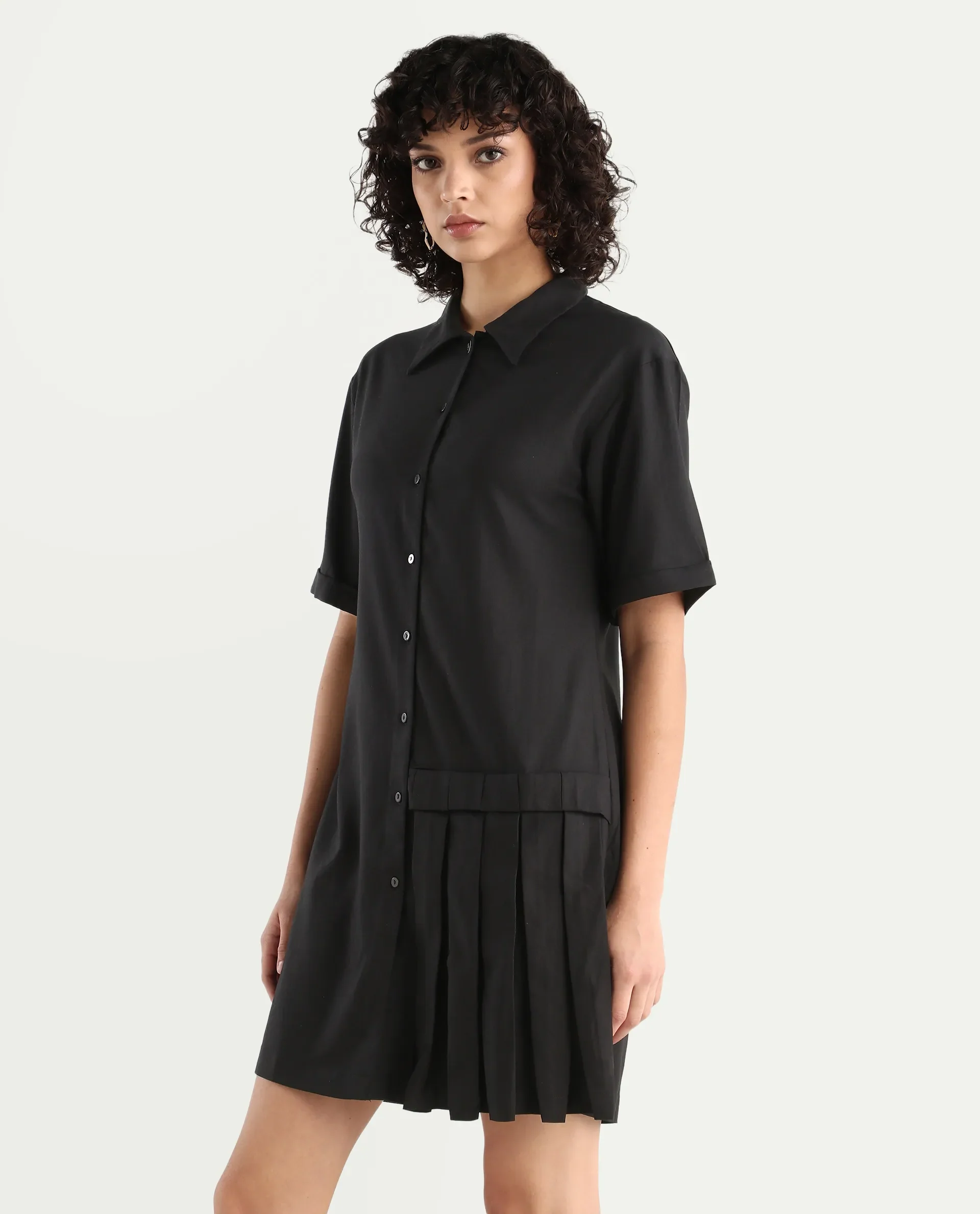 Rareism Women's Dilijan Black Cotton Blend Drop Collar Plain Knee Length Asymmetric Dress - Image 6