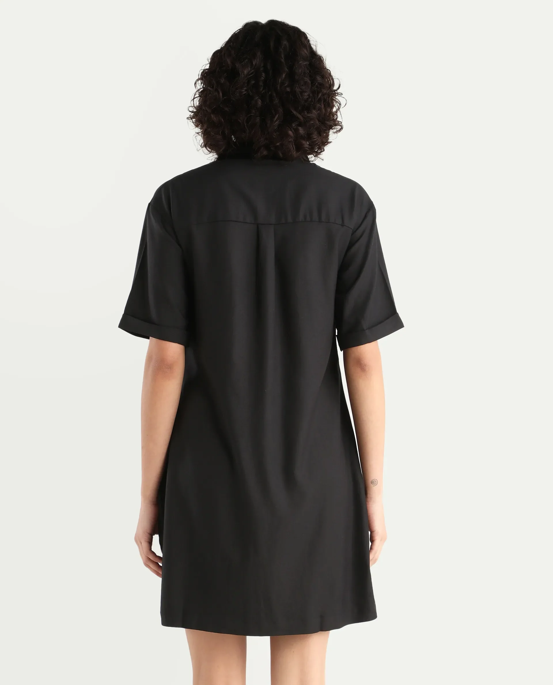 Rareism Women's Dilijan Black Cotton Blend Drop Collar Plain Knee Length Asymmetric Dress - Image 7