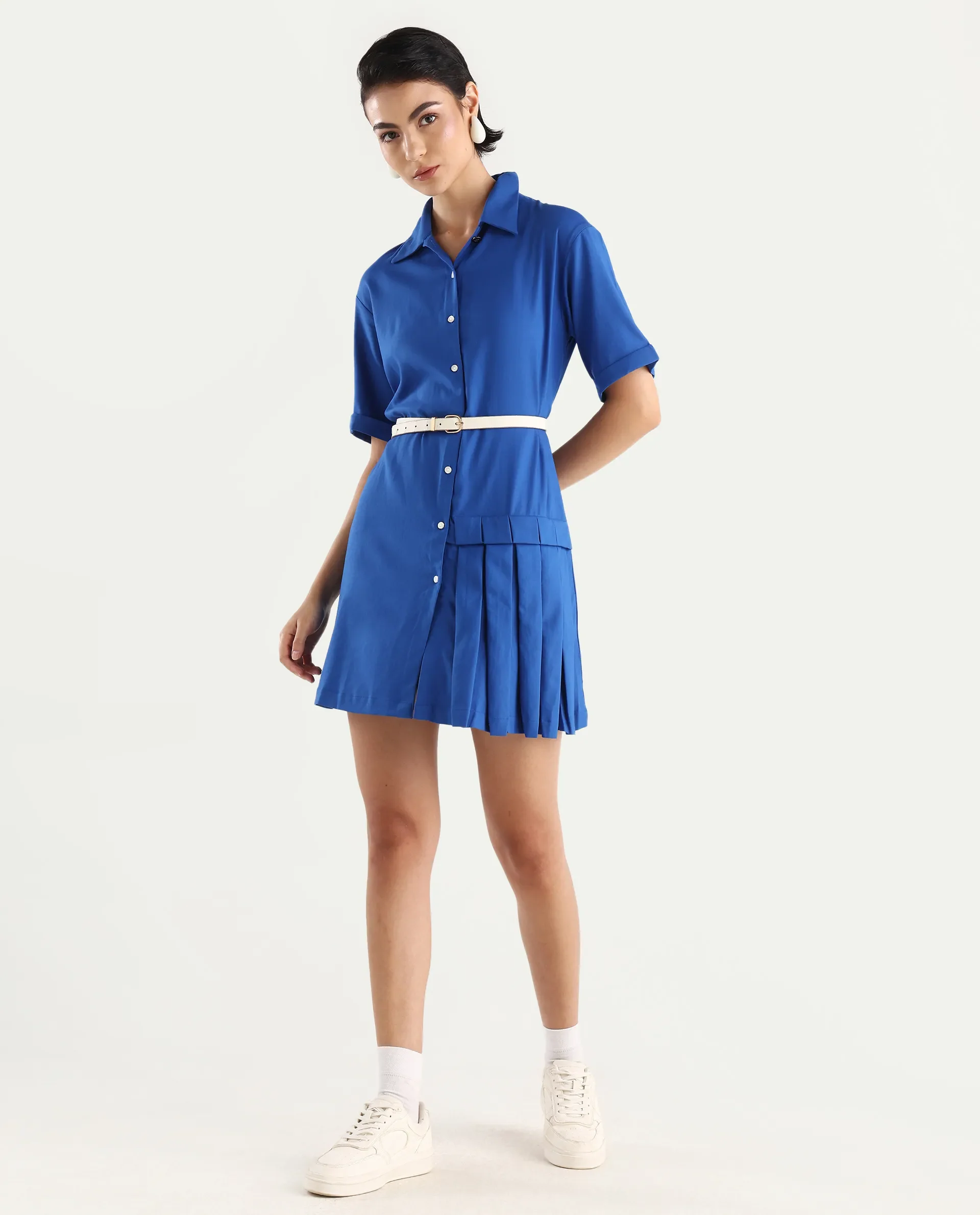 Rareism Women's Dilijan Blue Viscose Blend Drop Collar Plain Knee Length Asymmetric Dress - Image 2