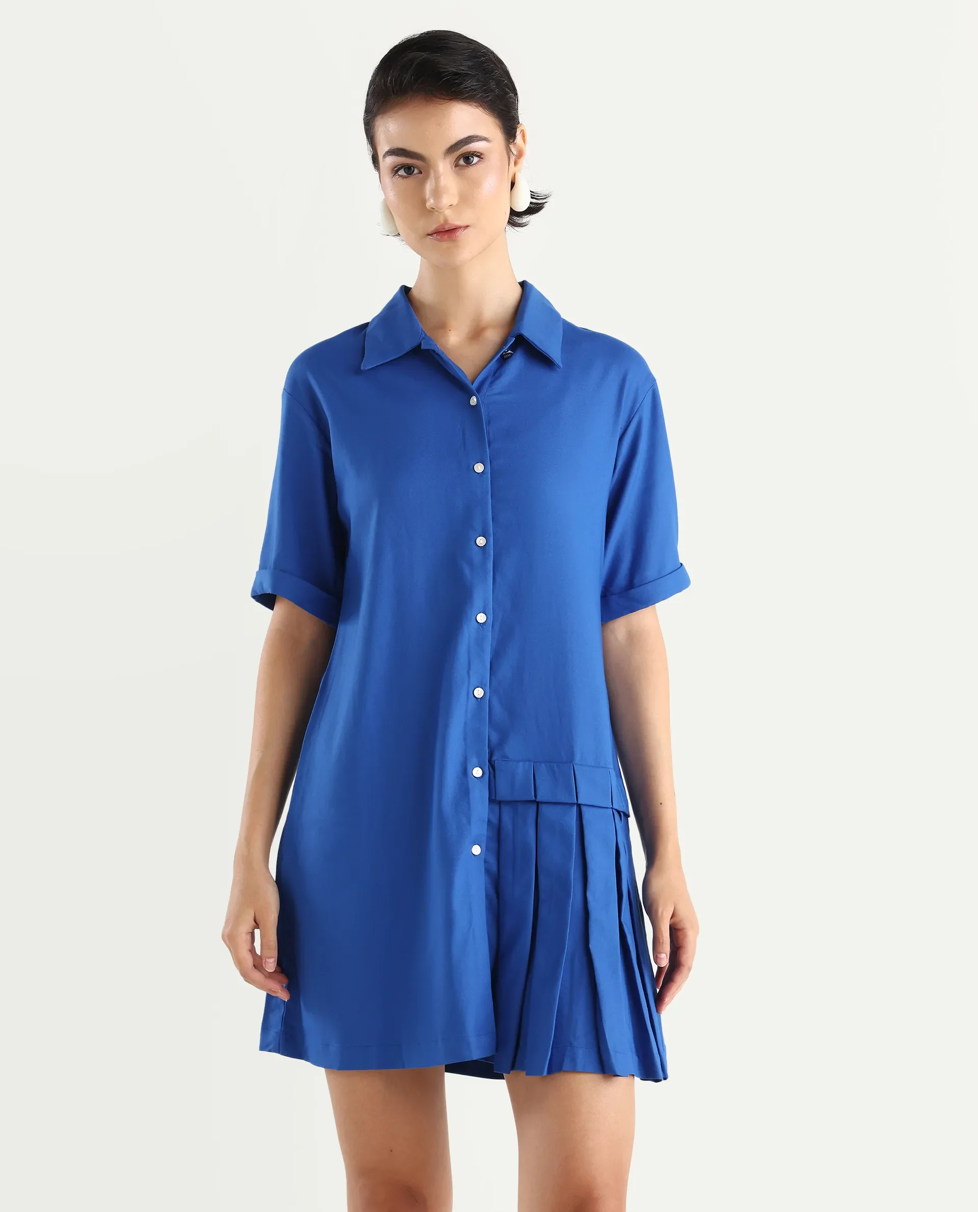 Rareism Women's Dilijan Blue Viscose Blend Drop Collar Plain Knee Length Asymmetric Dress - Image 3