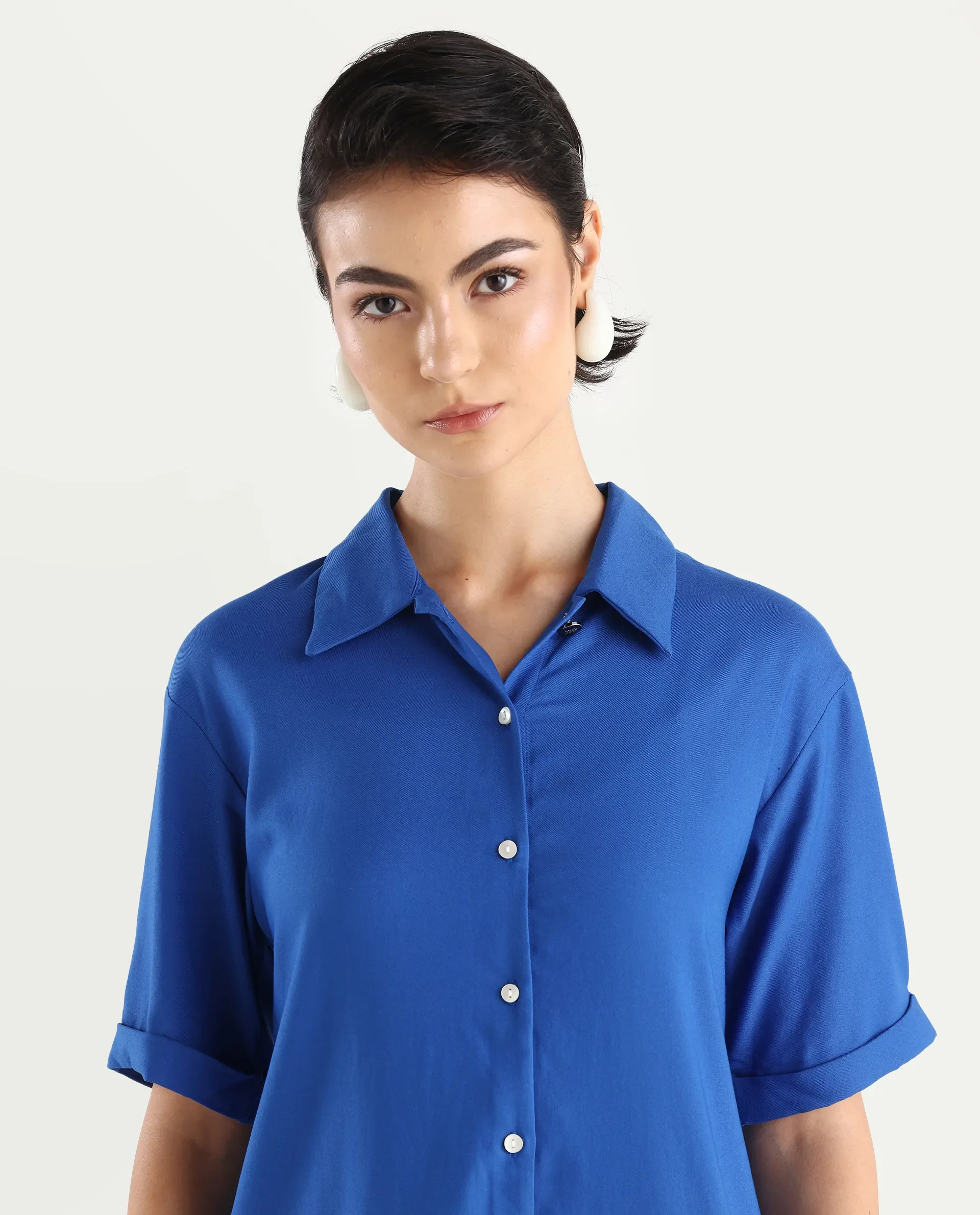 Rareism Women's Dilijan Blue Viscose Blend Drop Collar Plain Knee Length Asymmetric Dress - Image 4