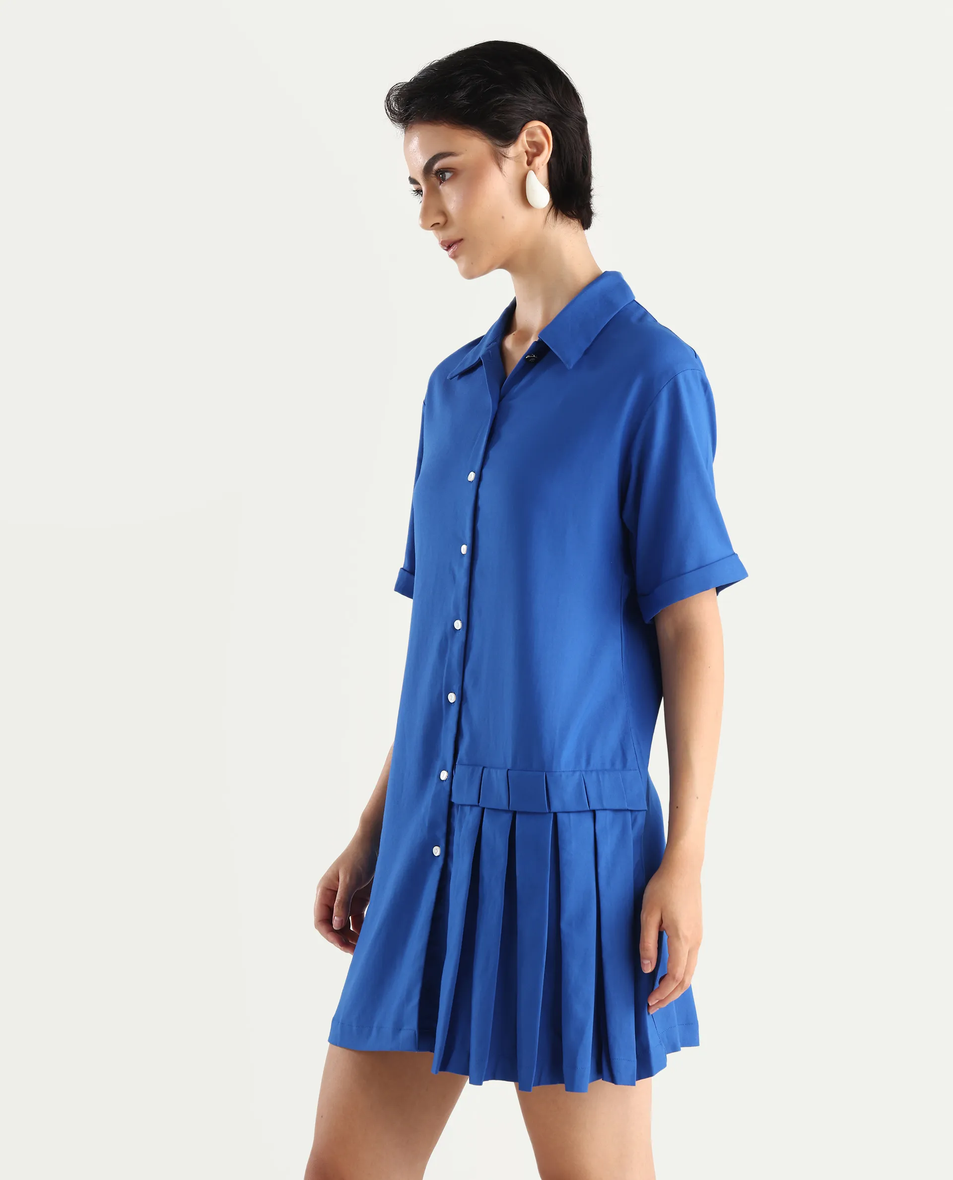 Rareism Women's Dilijan Blue Viscose Blend Drop Collar Plain Knee Length Asymmetric Dress - Image 6