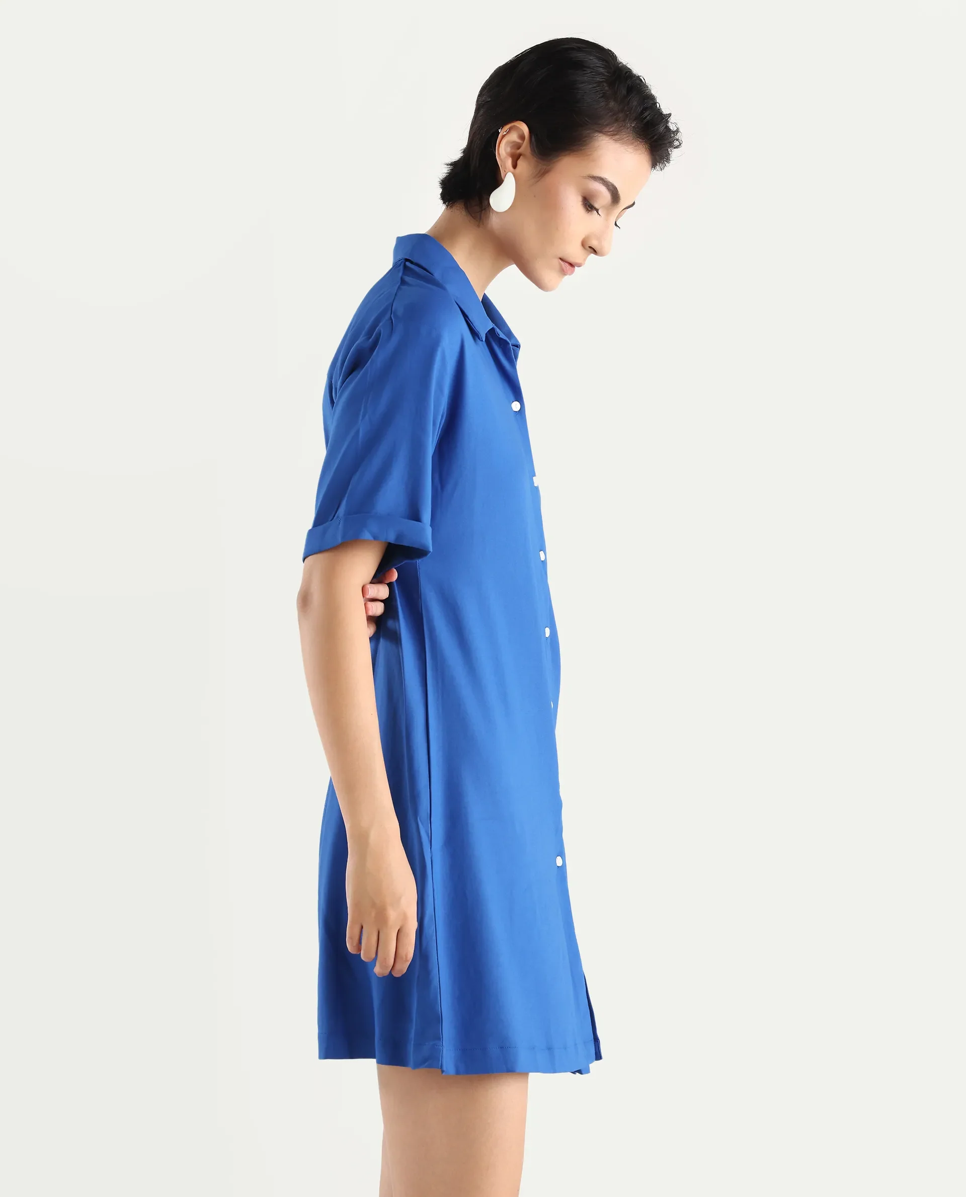 Rareism Women's Dilijan Blue Viscose Blend Drop Collar Plain Knee Length Asymmetric Dress - Image 7