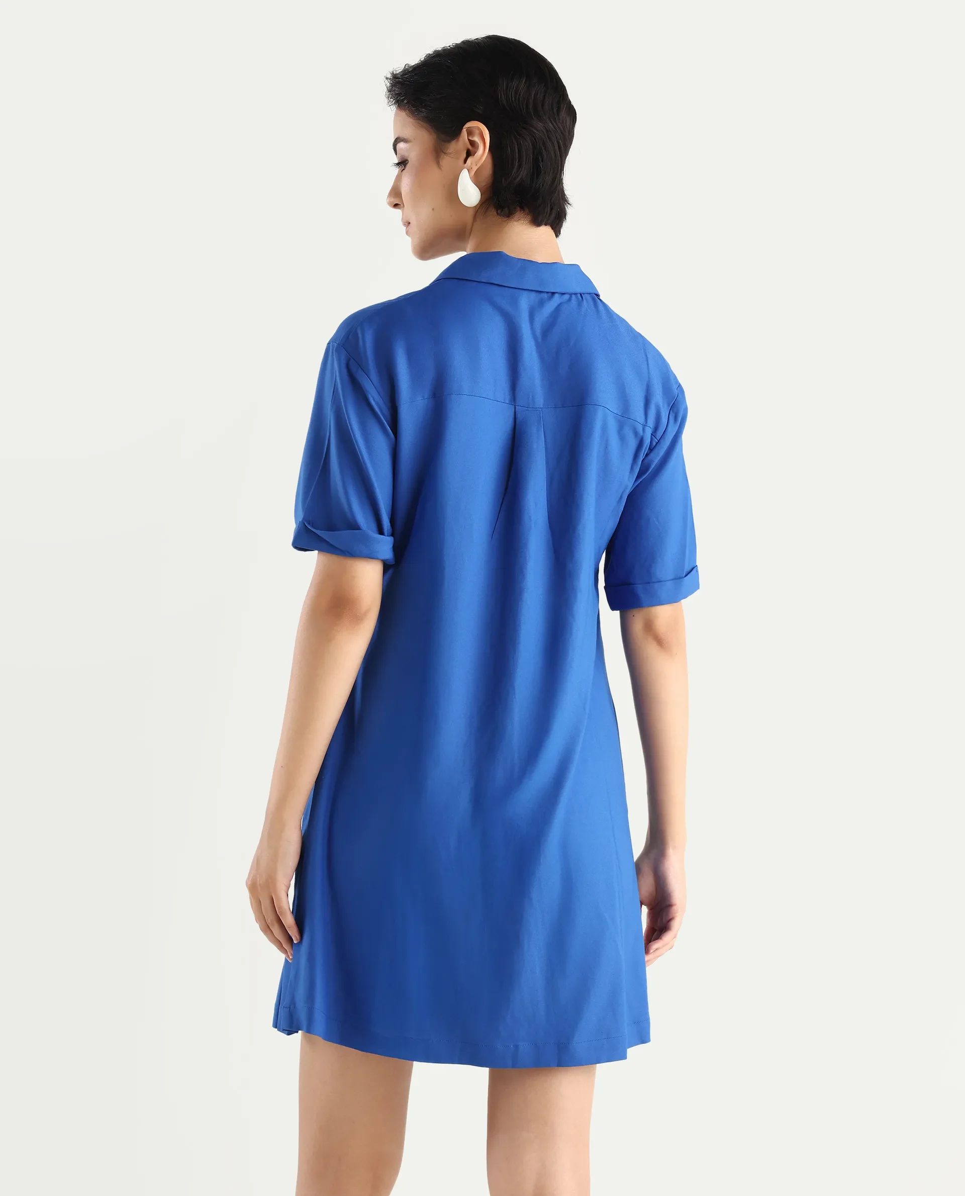 Rareism Women's Dilijan Blue Viscose Blend Drop Collar Plain Knee Length Asymmetric Dress - Image 8