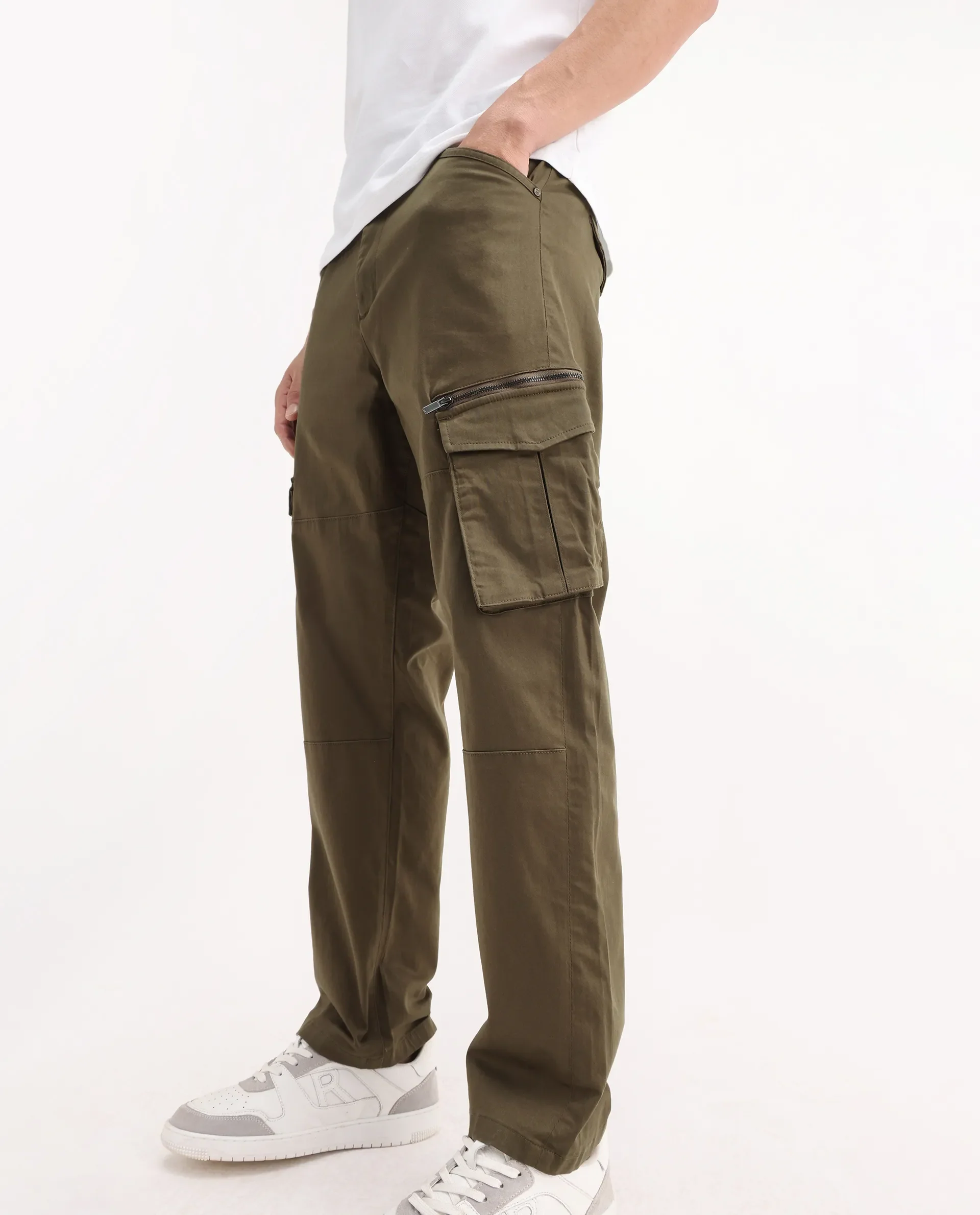 Rare Rabbit Men's Dima Dark Olive Cotton Plain Regular Fit Trouser - Image 3
