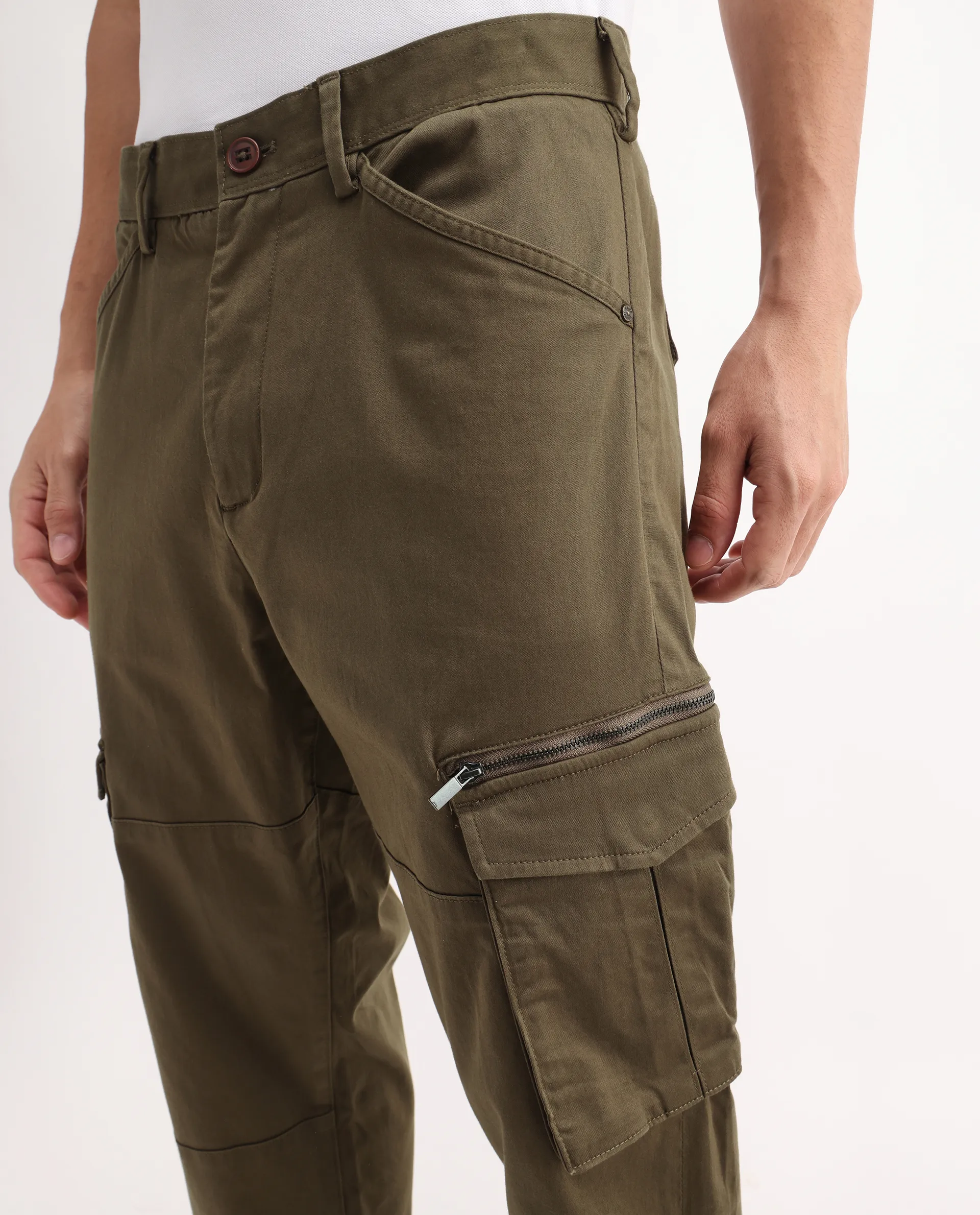 Rare Rabbit Men's Dima Dark Olive Cotton Plain Regular Fit Trouser - Image 4