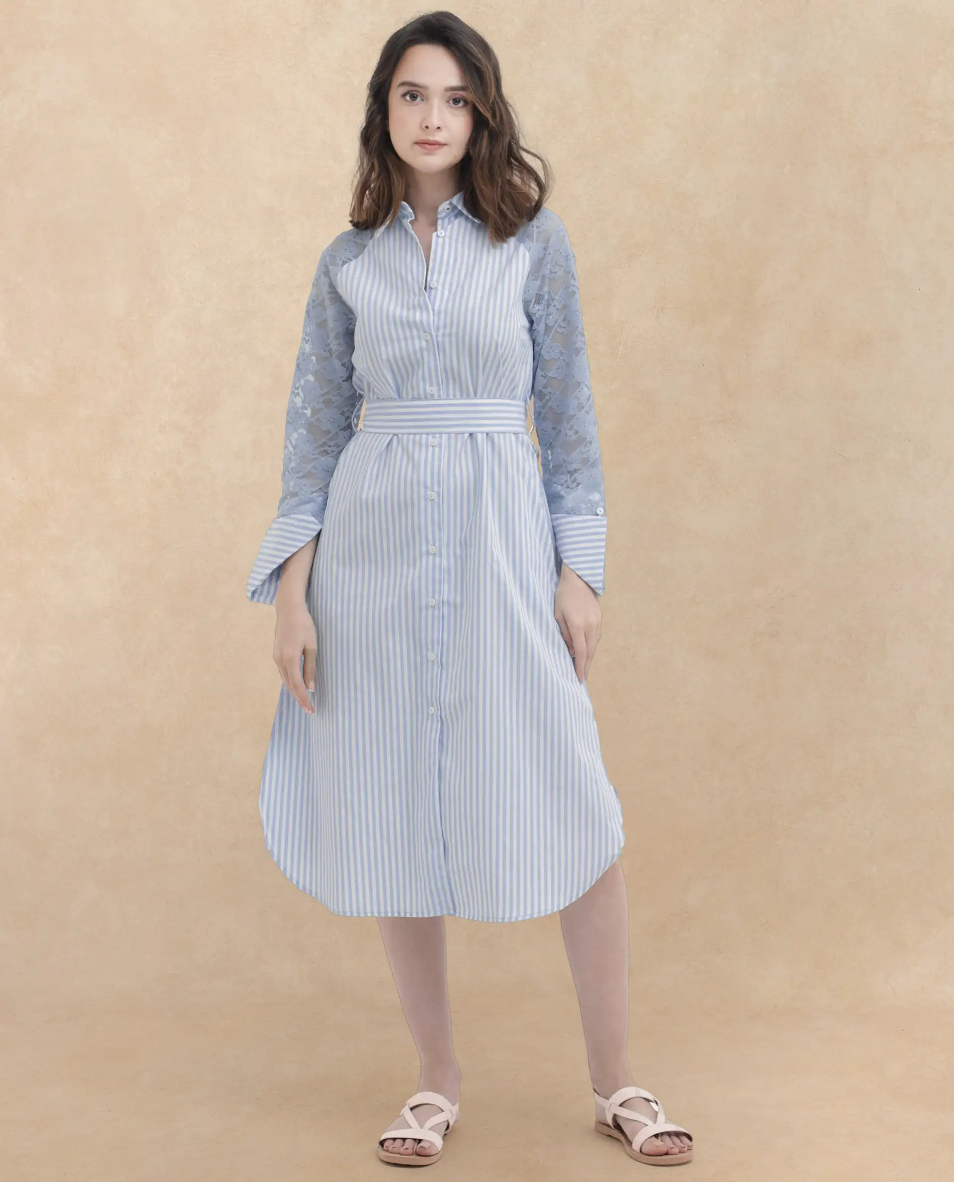 Rareism Women's Drop Collar Striped Raglan Sleeve Midi A-Line Dress