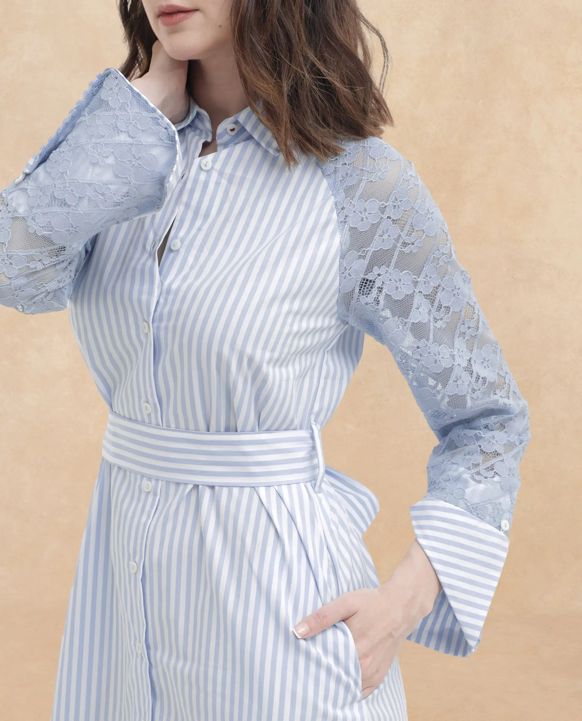 Rareism Women's Drop Collar Striped Raglan Sleeve Midi A-Line Dress - Image 2