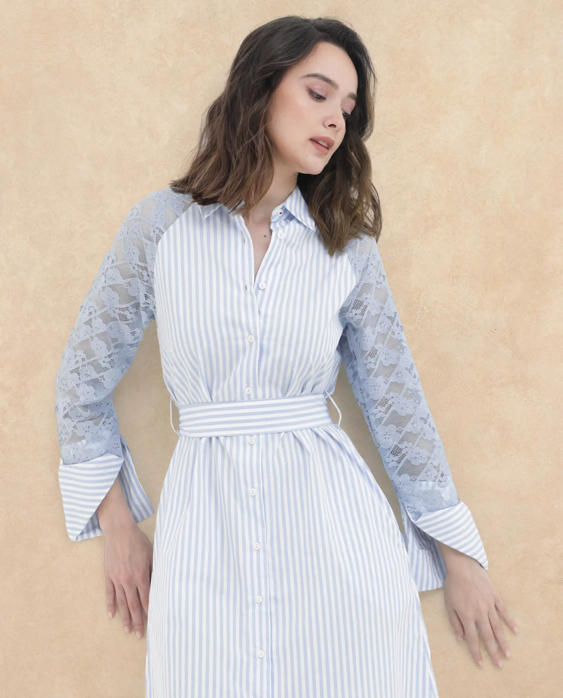 Rareism Women's Drop Collar Striped Raglan Sleeve Midi A-Line Dress - Image 6