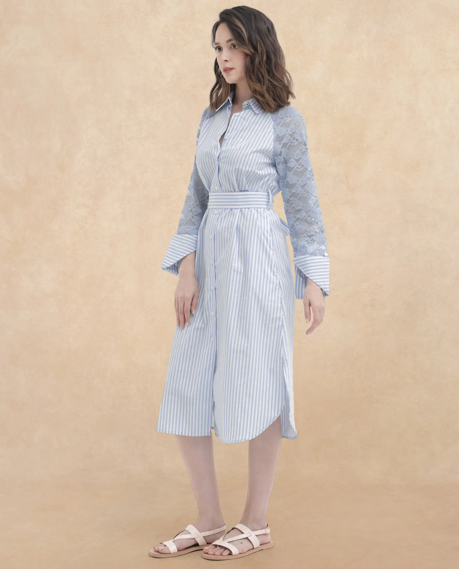 Rareism Women's Drop Collar Striped Raglan Sleeve Midi A-Line Dress - Image 7