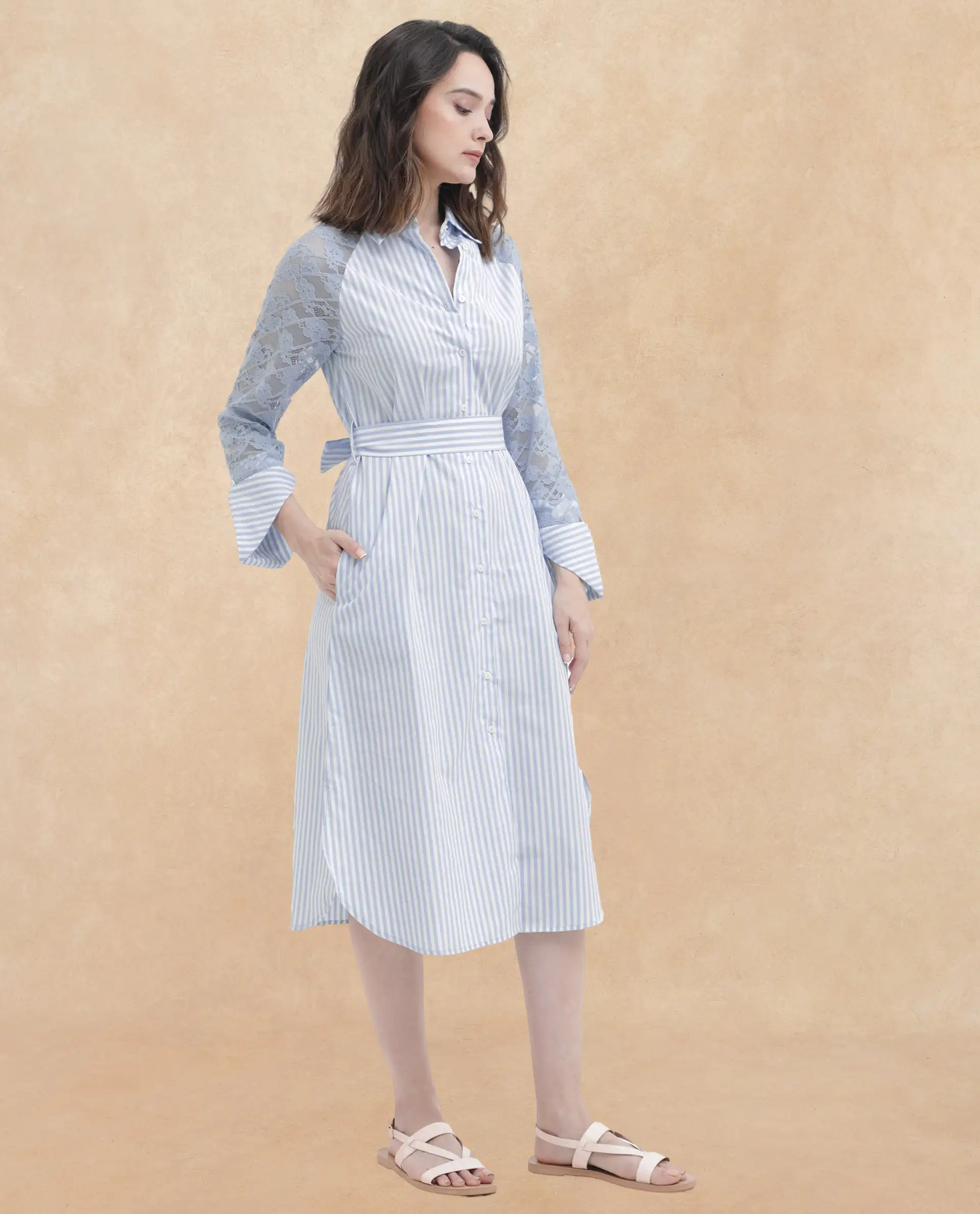 Rareism Women's Drop Collar Striped Raglan Sleeve Midi A-Line Dress - Image 8