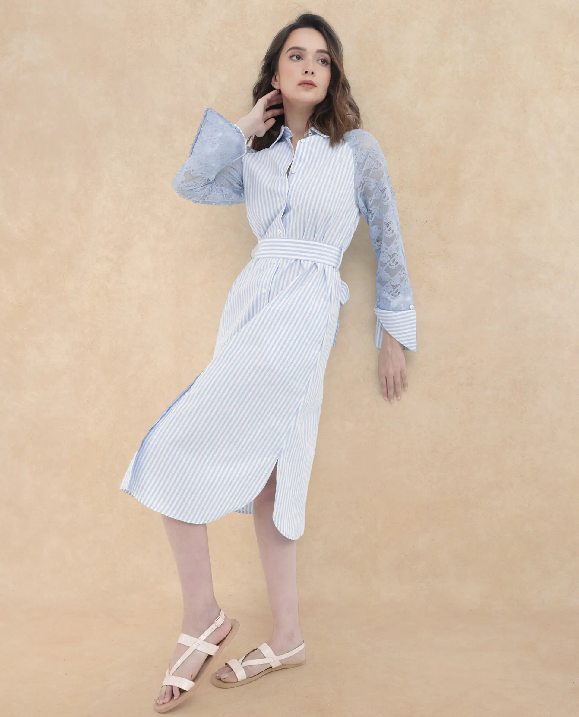 Rareism Women's Drop Collar Striped Raglan Sleeve Midi A-Line Dress - Image 9