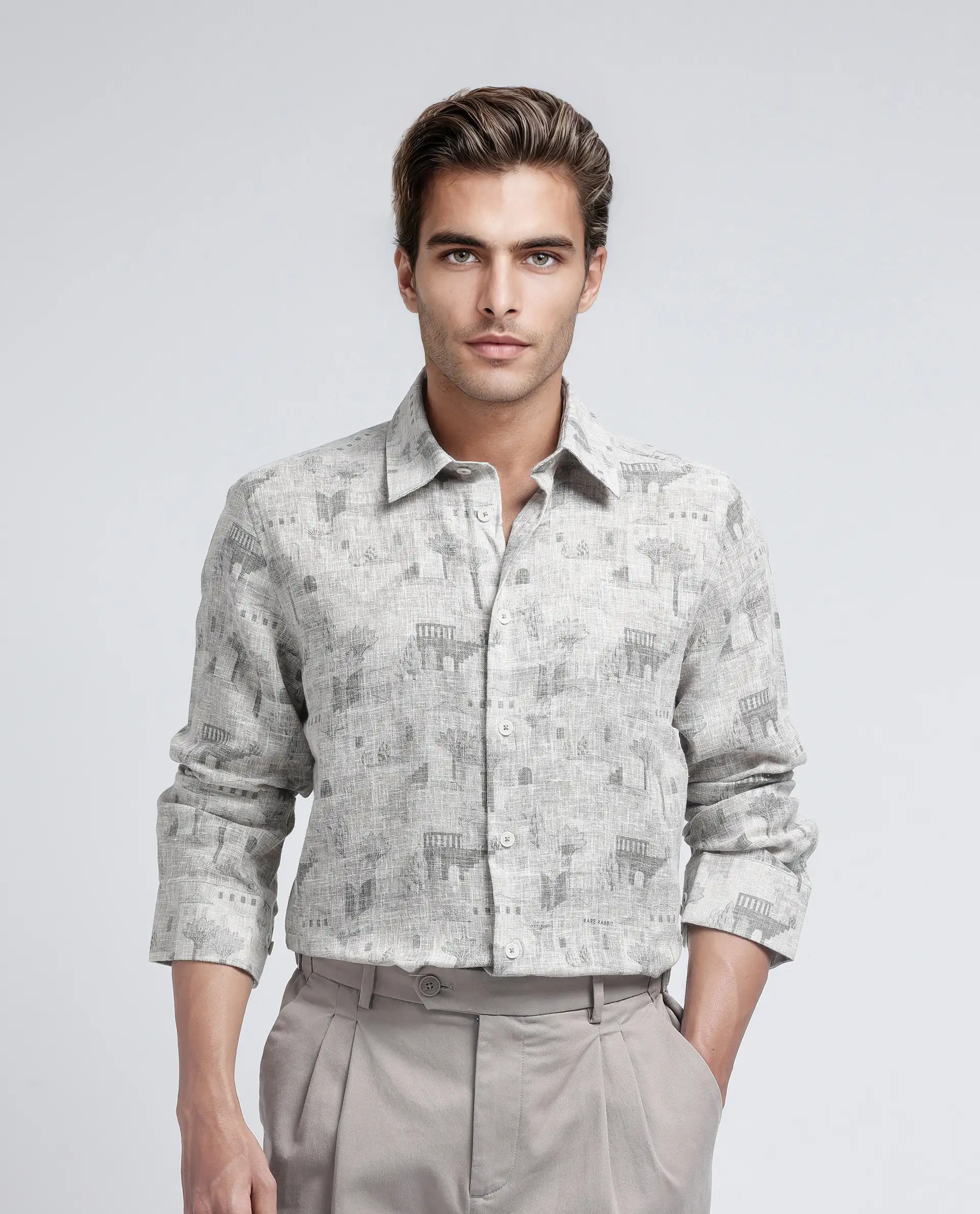 Rare Rabbit Men's Dine Khaki Cotton Printed Relaxed Fit Full Sleeve Collared Shirt - Image 2