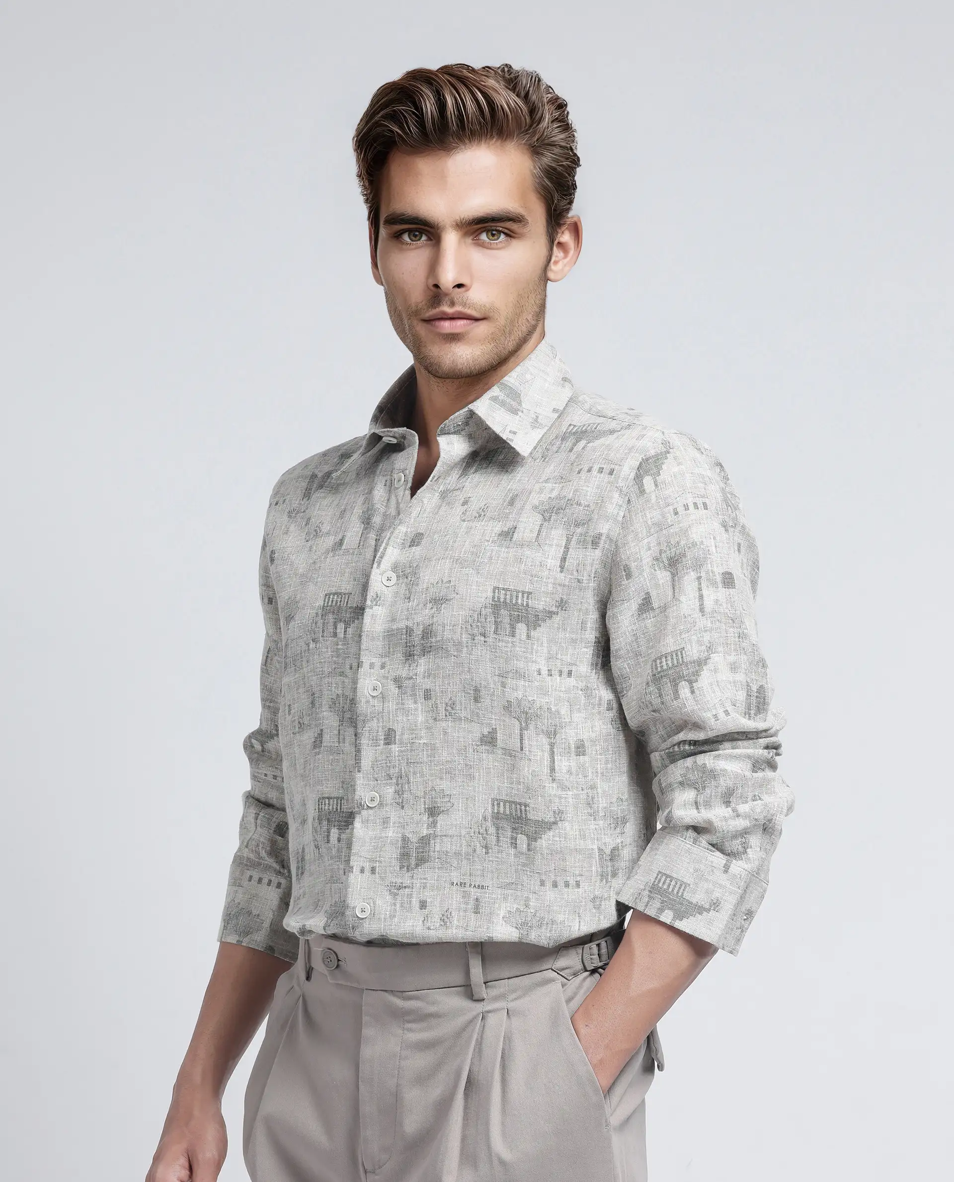 Rare Rabbit Men's Dine Khaki Cotton Printed Relaxed Fit Full Sleeve Collared Shirt - Image 4