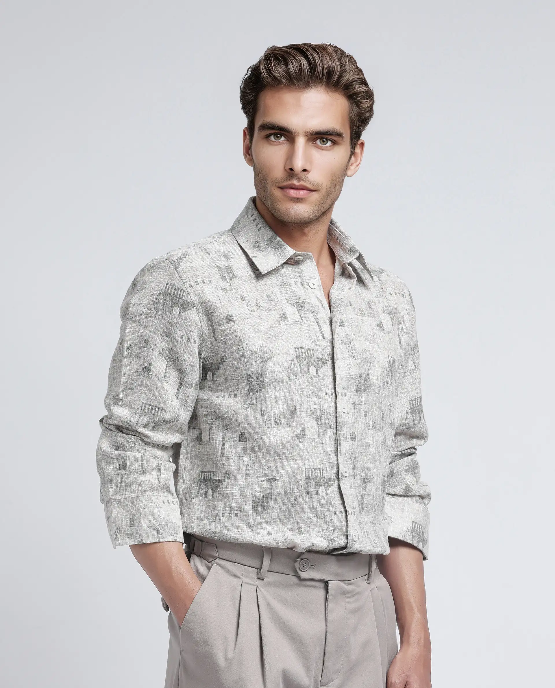 Rare Rabbit Men's Dine Khaki Cotton Printed Relaxed Fit Full Sleeve Collared Shirt - Image 5