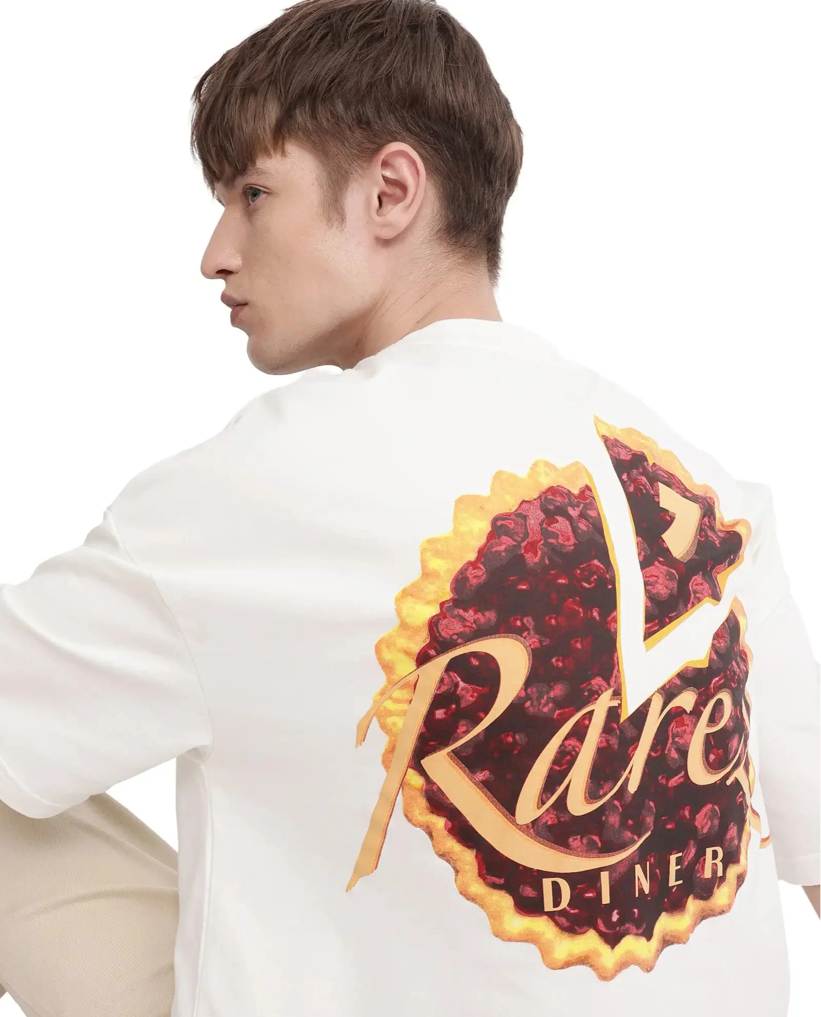 Rare Rabbit Men's Diner Off White Cotton Graphic Print Oversized Fit Half Sleeve Crew Neck T-Shirt - Image 3