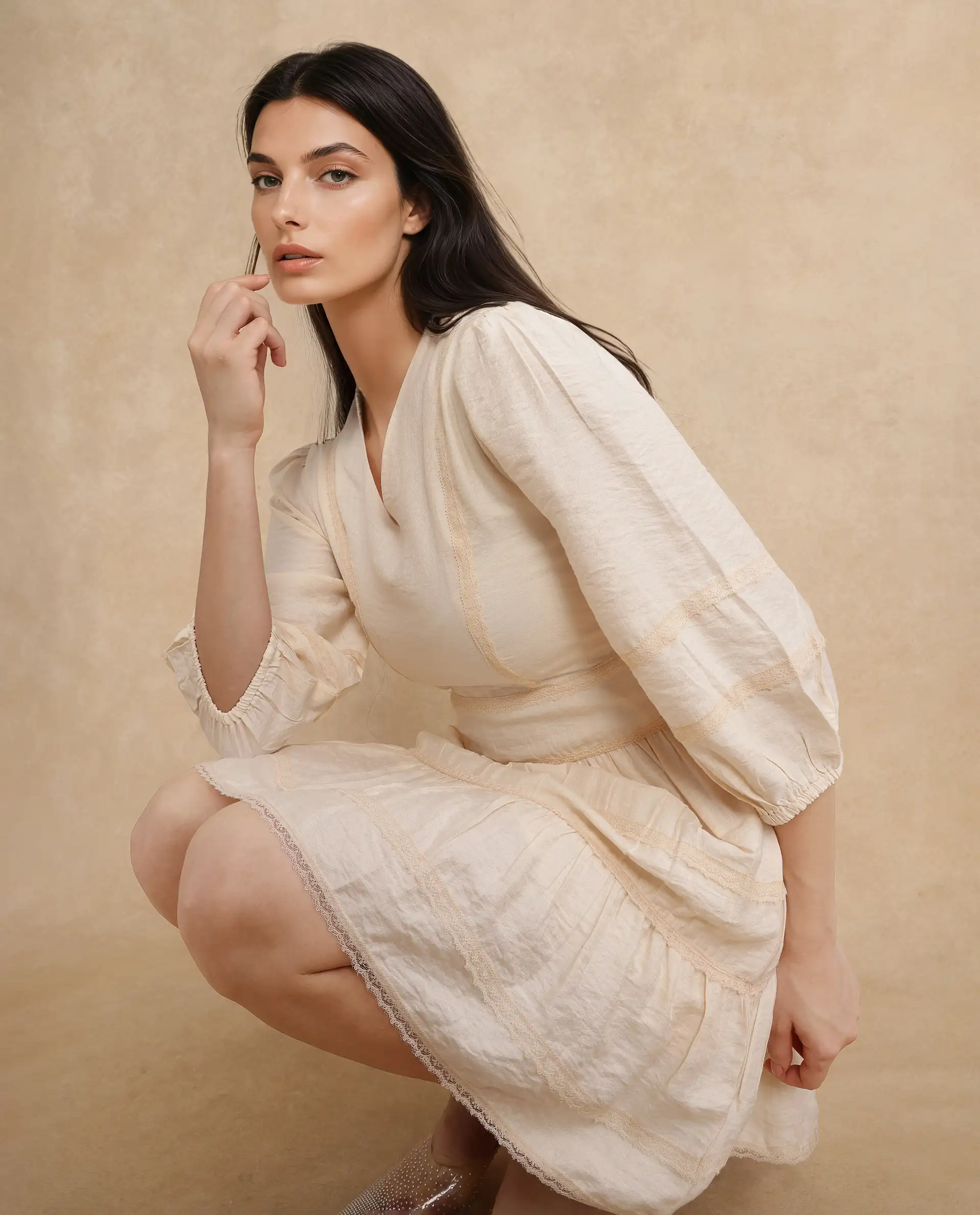 Rareism Women's Dinklage Beige Polyester V-Neck Plain Bishop Sleeve Mini Fit And Flare Dress - Image 2
