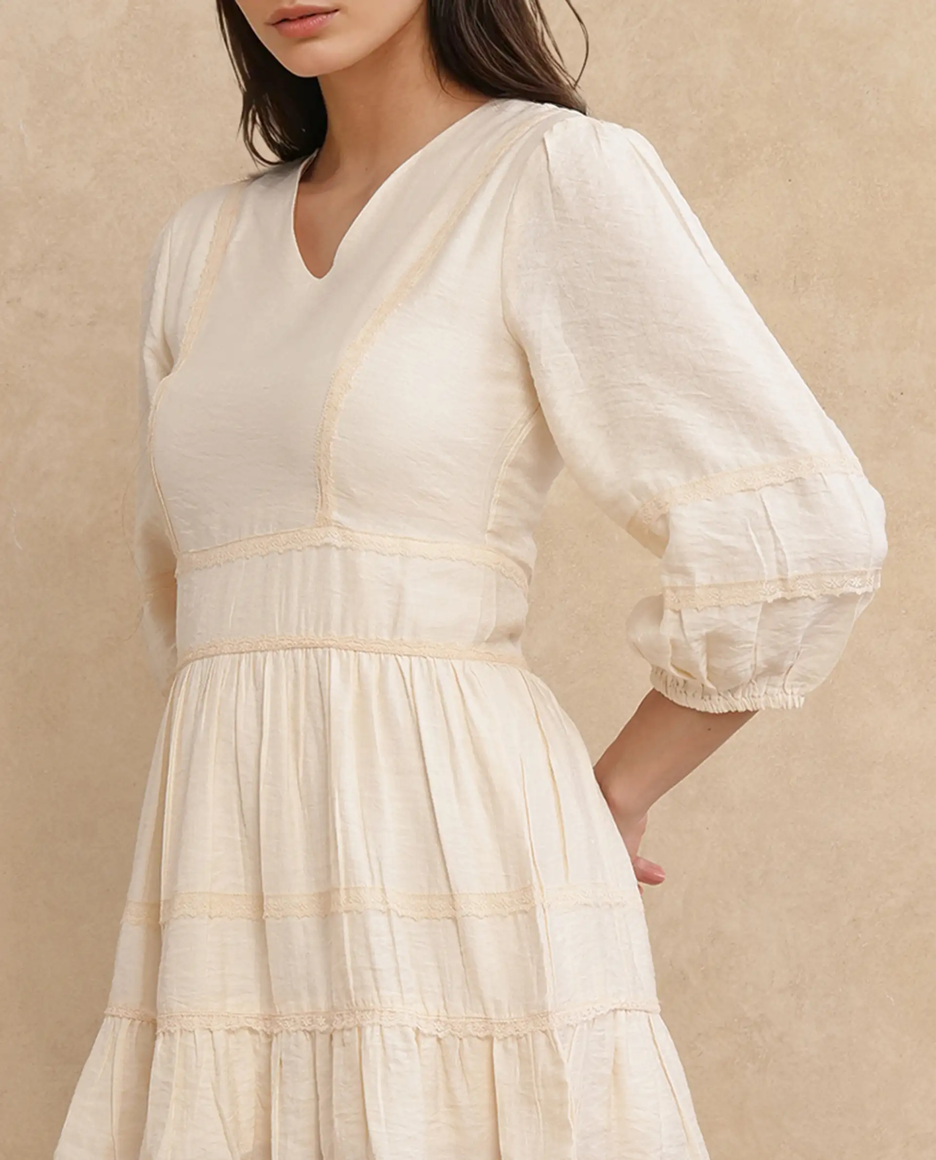 Rareism Women's Dinklage Beige Polyester V-Neck Plain Bishop Sleeve Mini Fit And Flare Dress - Image 3