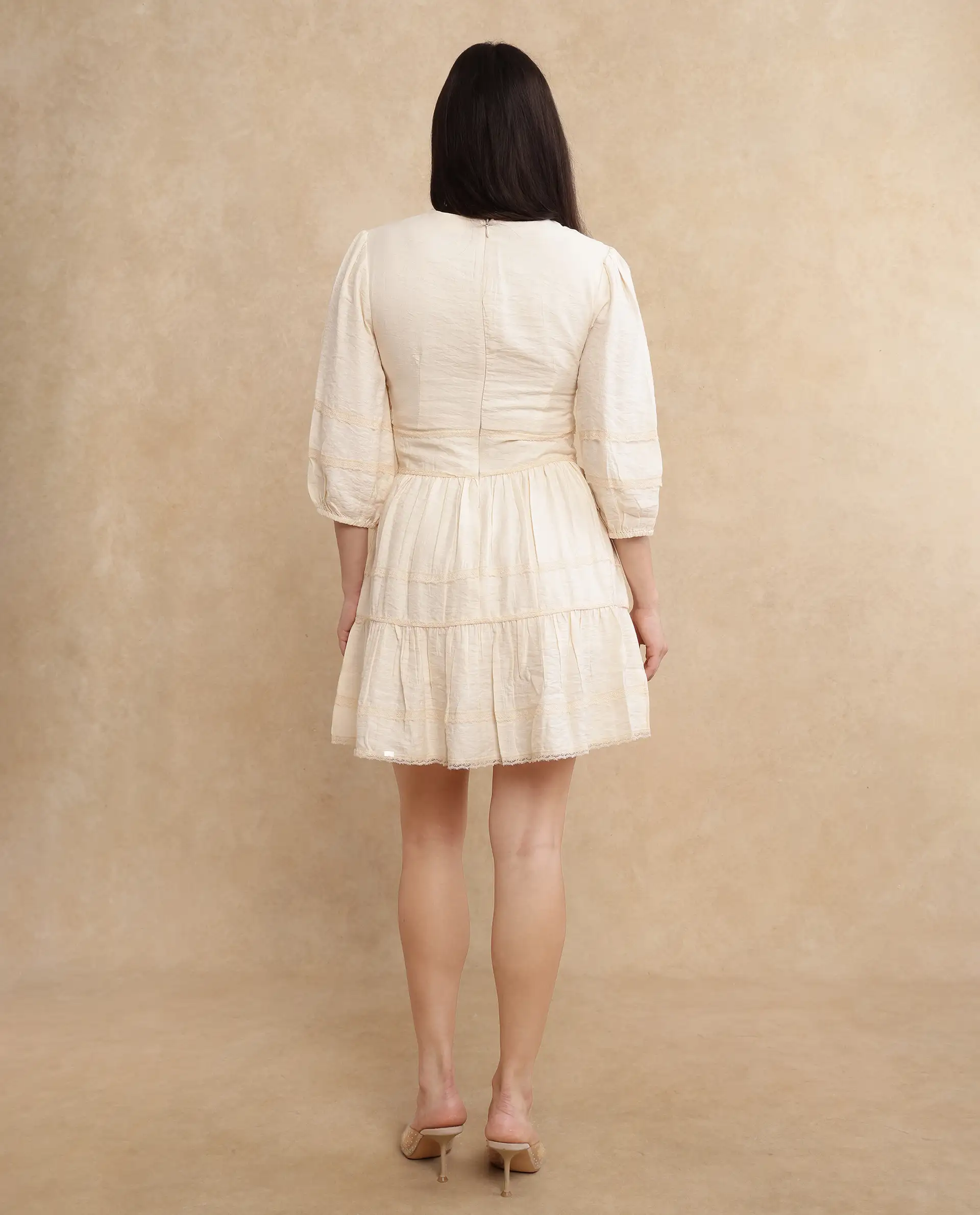 Rareism Women's Dinklage Beige Polyester V-Neck Plain Bishop Sleeve Mini Fit And Flare Dress - Image 7