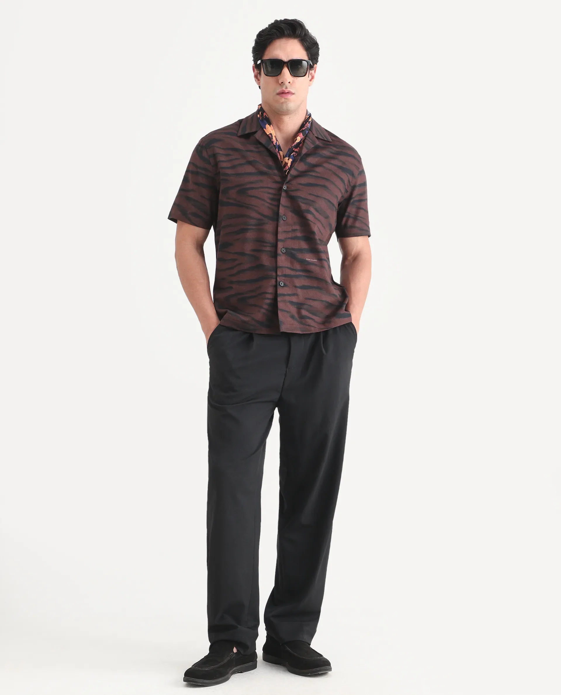 Rare Rabbit Men's Dins Dusky Maroon Cotton Blend Blend Fabric Half Sleeve Cuban Collar Regular Fit Abstract Print Shirt - Image 2