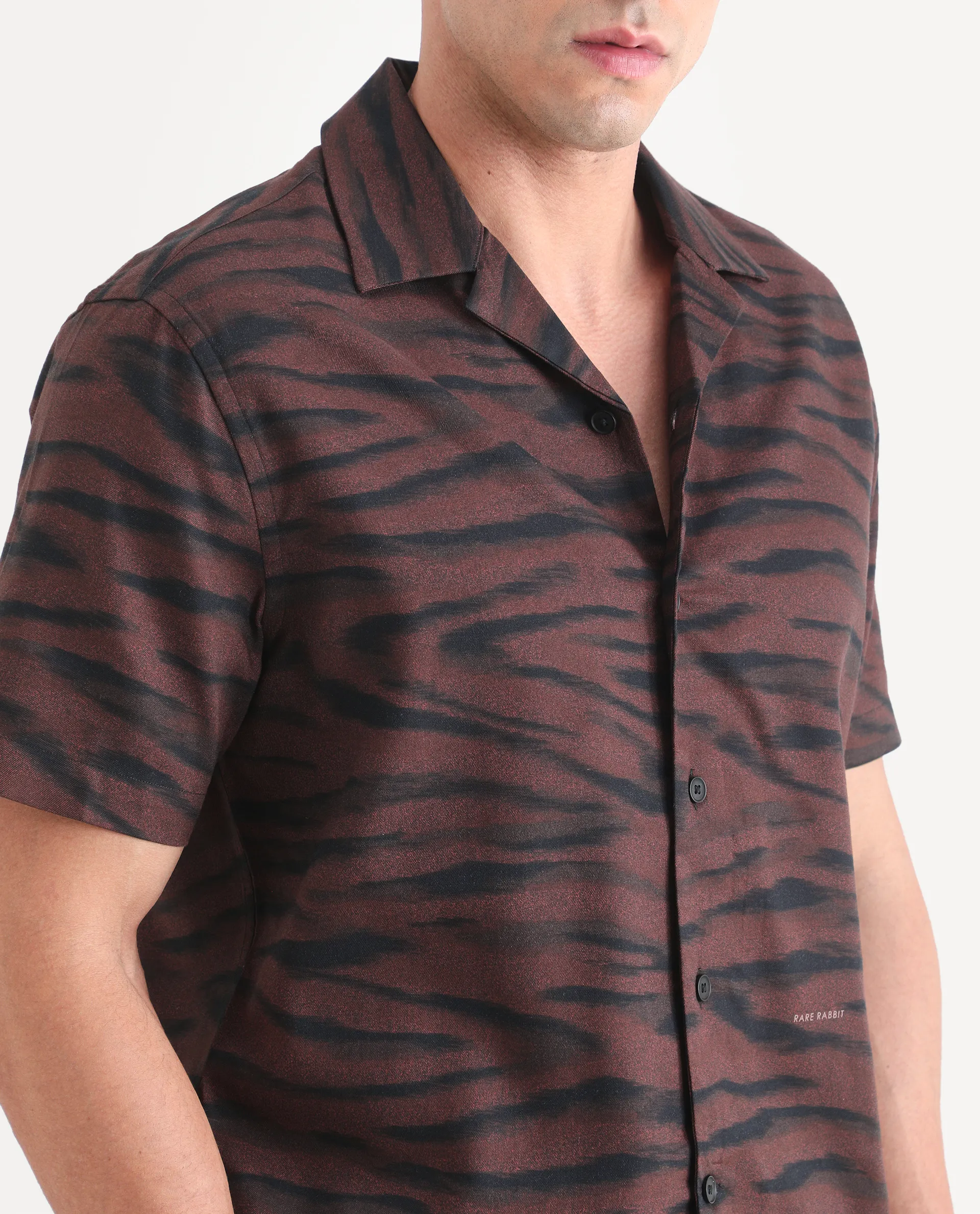 Rare Rabbit Men's Dins Dusky Maroon Cotton Blend Blend Fabric Half Sleeve Cuban Collar Regular Fit Abstract Print Shirt - Image 3