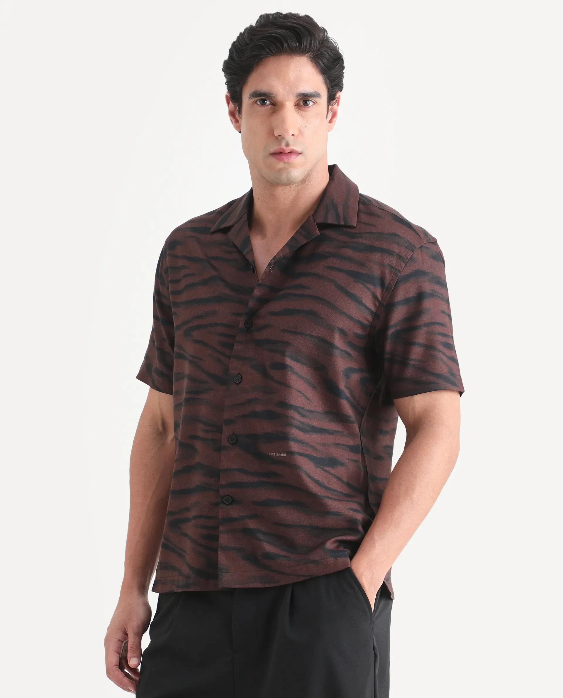 Rare Rabbit Men's Dins Dusky Maroon Cotton Blend Blend Fabric Half Sleeve Cuban Collar Regular Fit Abstract Print Shirt - Image 4