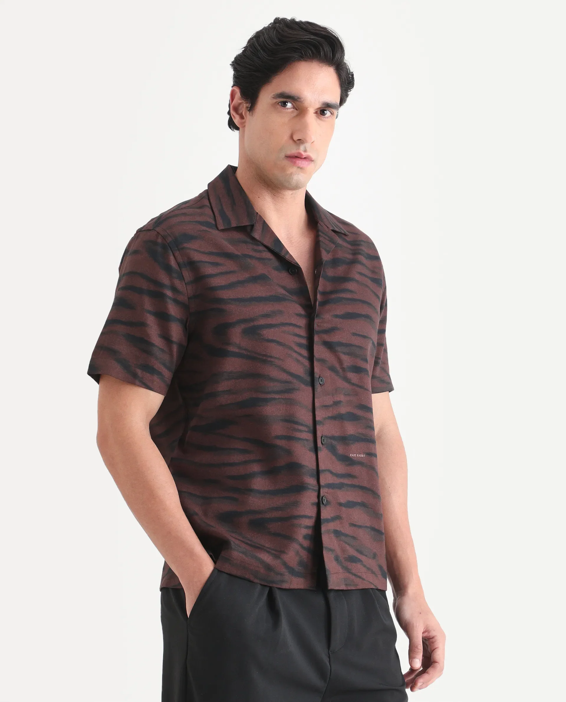 Rare Rabbit Men's Dins Dusky Maroon Cotton Blend Blend Fabric Half Sleeve Cuban Collar Regular Fit Abstract Print Shirt - Image 5