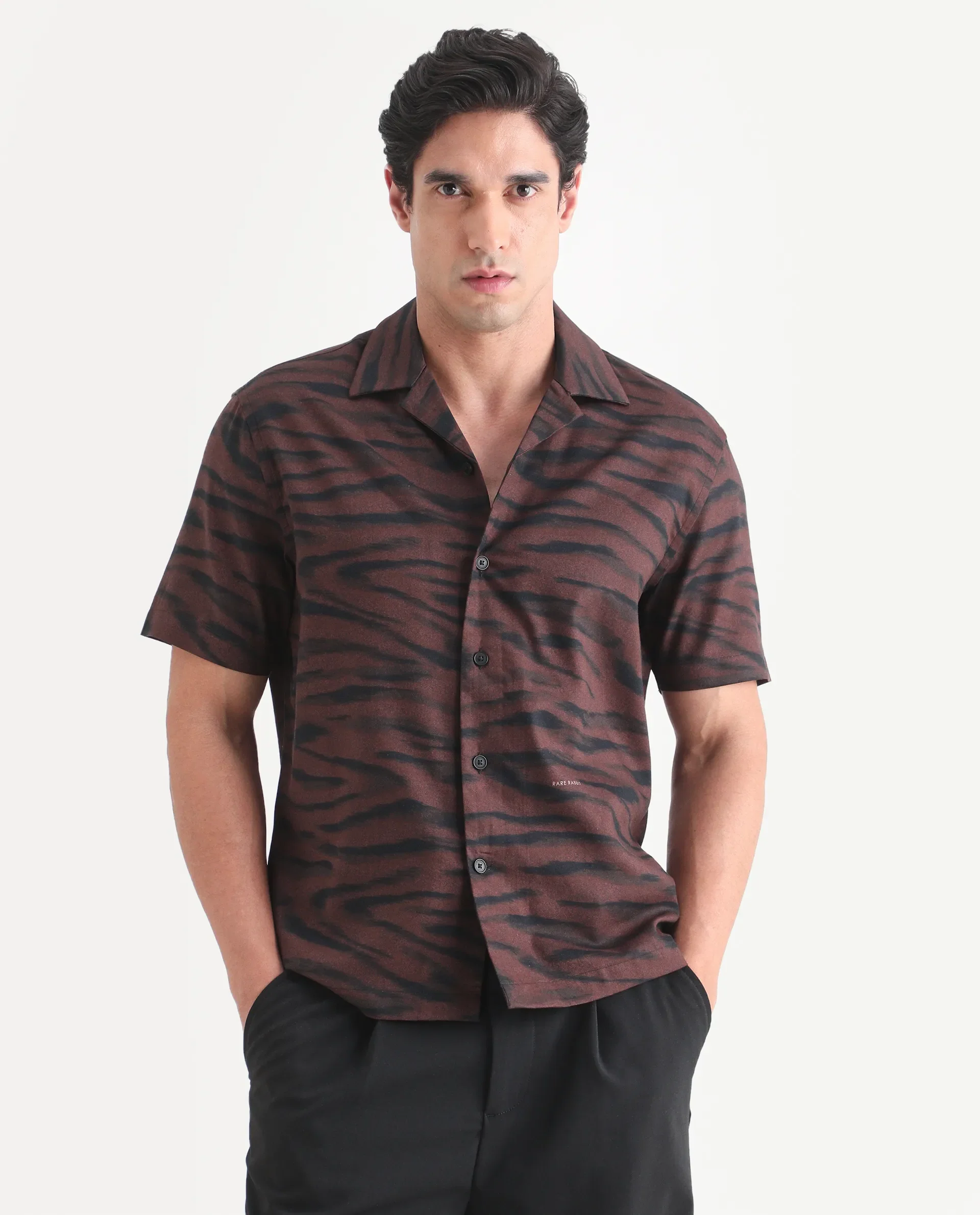 Rare Rabbit Men's Dins Dusky Maroon Cotton Blend Blend Fabric Half Sleeve Cuban Collar Regular Fit Abstract Print Shirt - Image 6