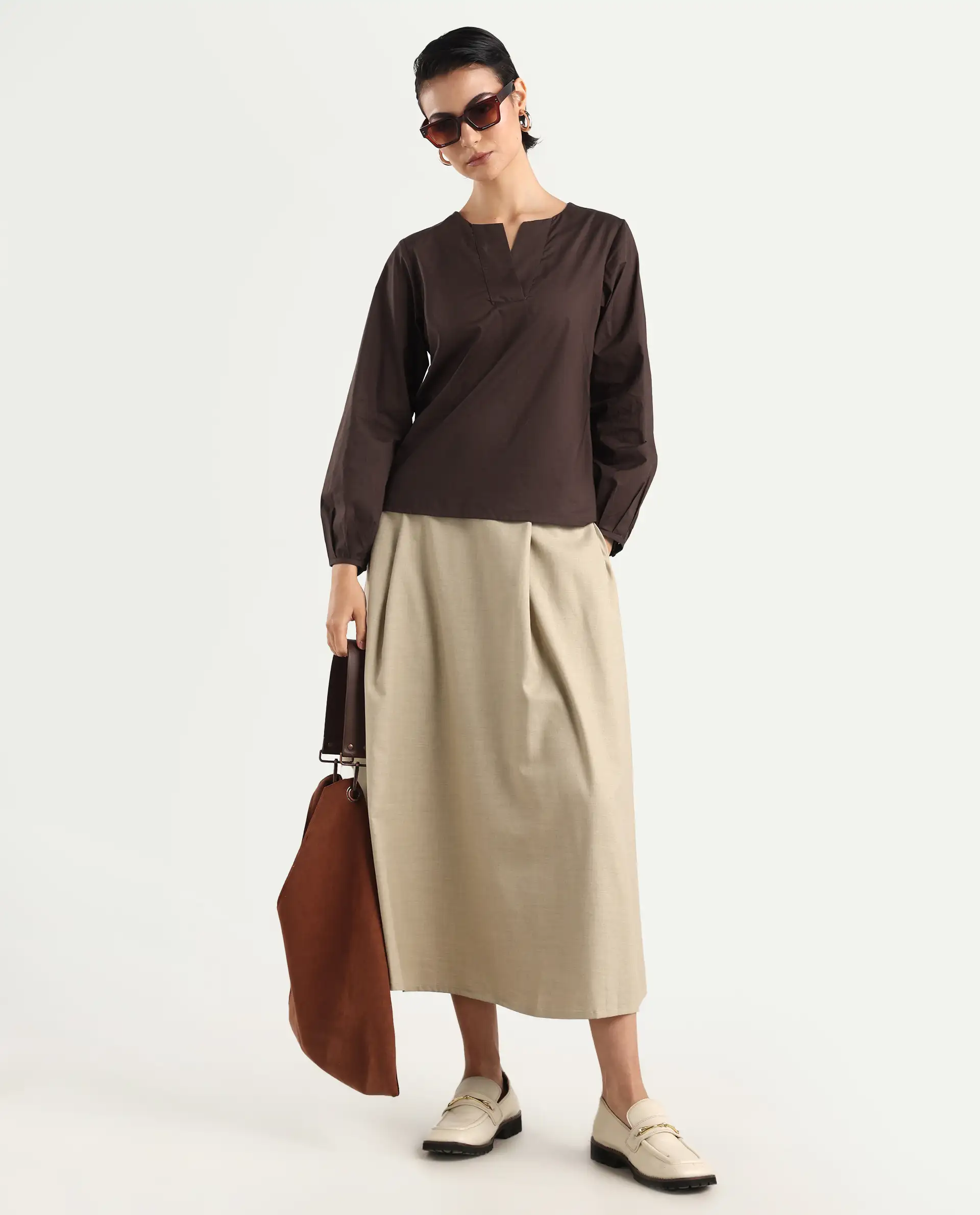 Rareism Women's Dione Brown Cotton Mandarin Collar Plain Cuffed Sleeve Regular Fit Top - Image 2