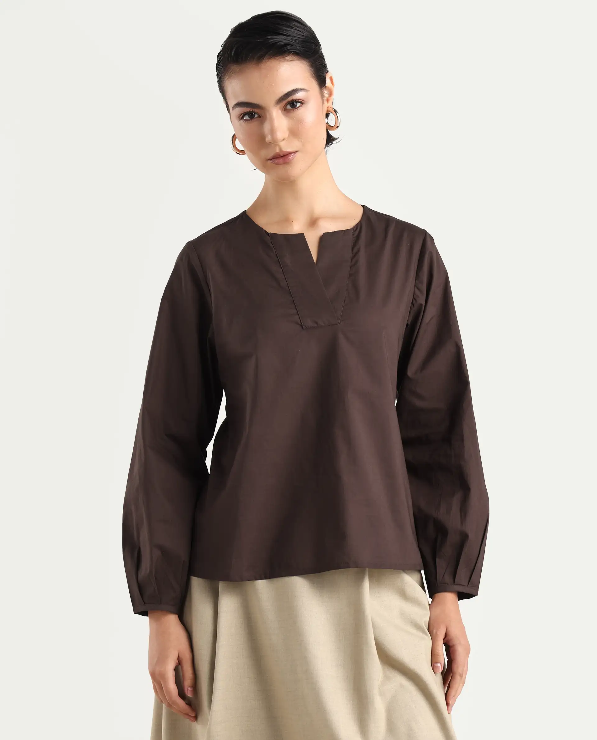 Rareism Women's Dione Brown Cotton Mandarin Collar Plain Cuffed Sleeve Regular Fit Top - Image 3