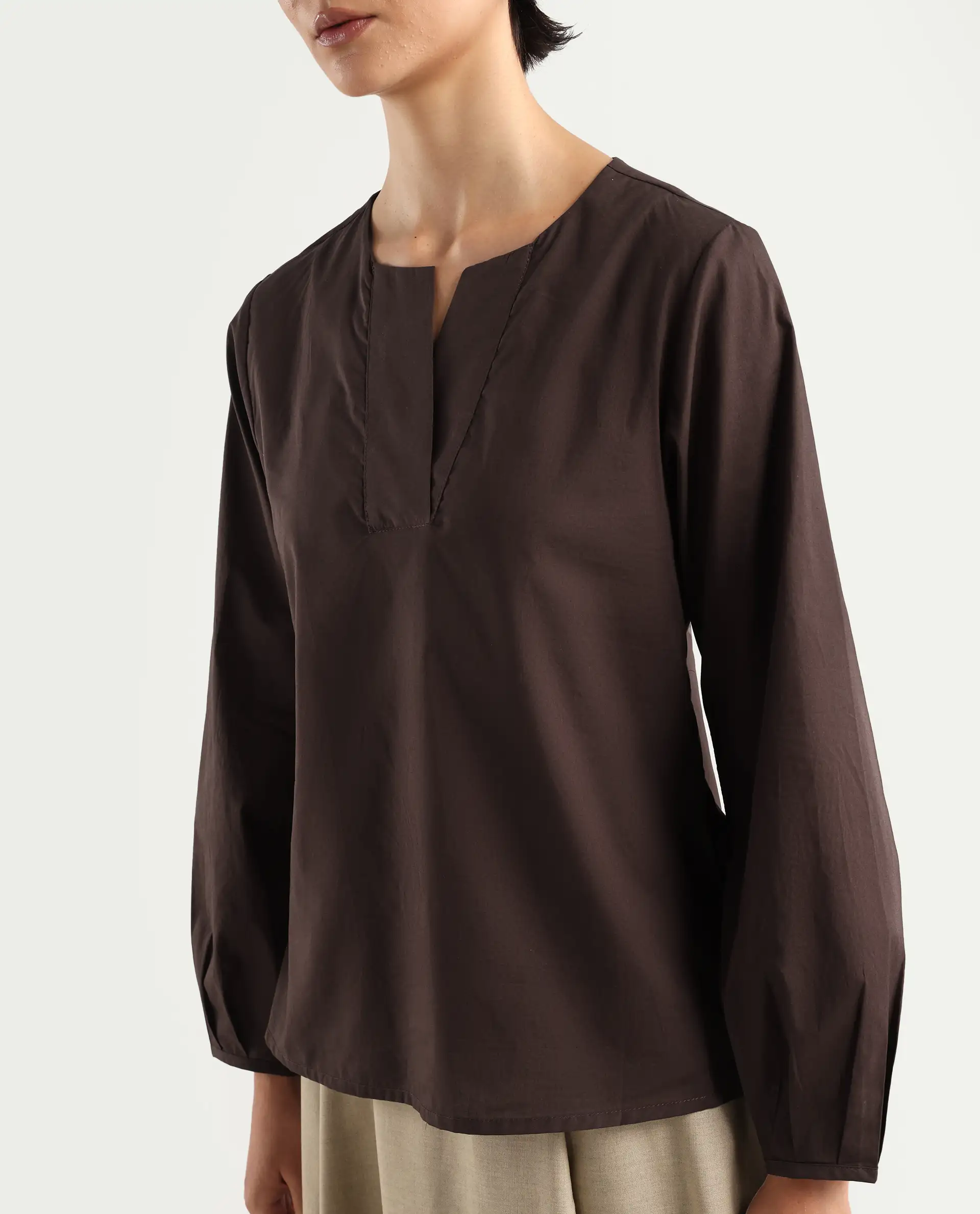 Rareism Women's Dione Brown Cotton Mandarin Collar Plain Cuffed Sleeve Regular Fit Top - Image 4