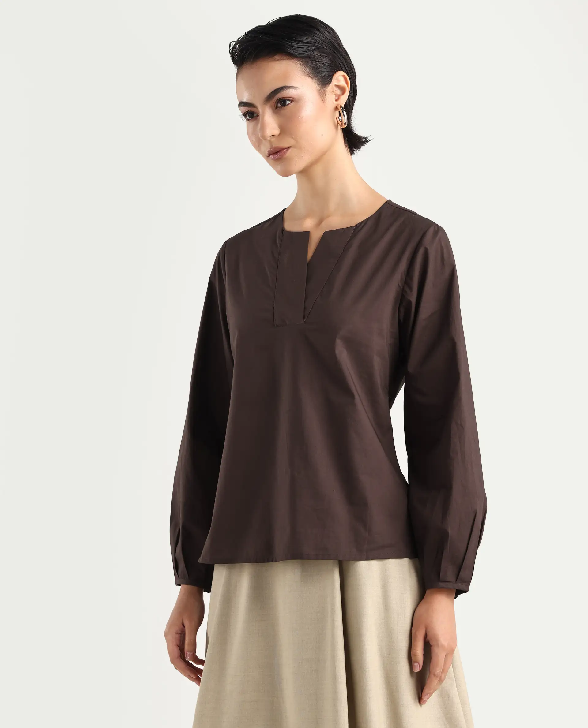 Rareism Women's Dione Brown Cotton Mandarin Collar Plain Cuffed Sleeve Regular Fit Top - Image 5