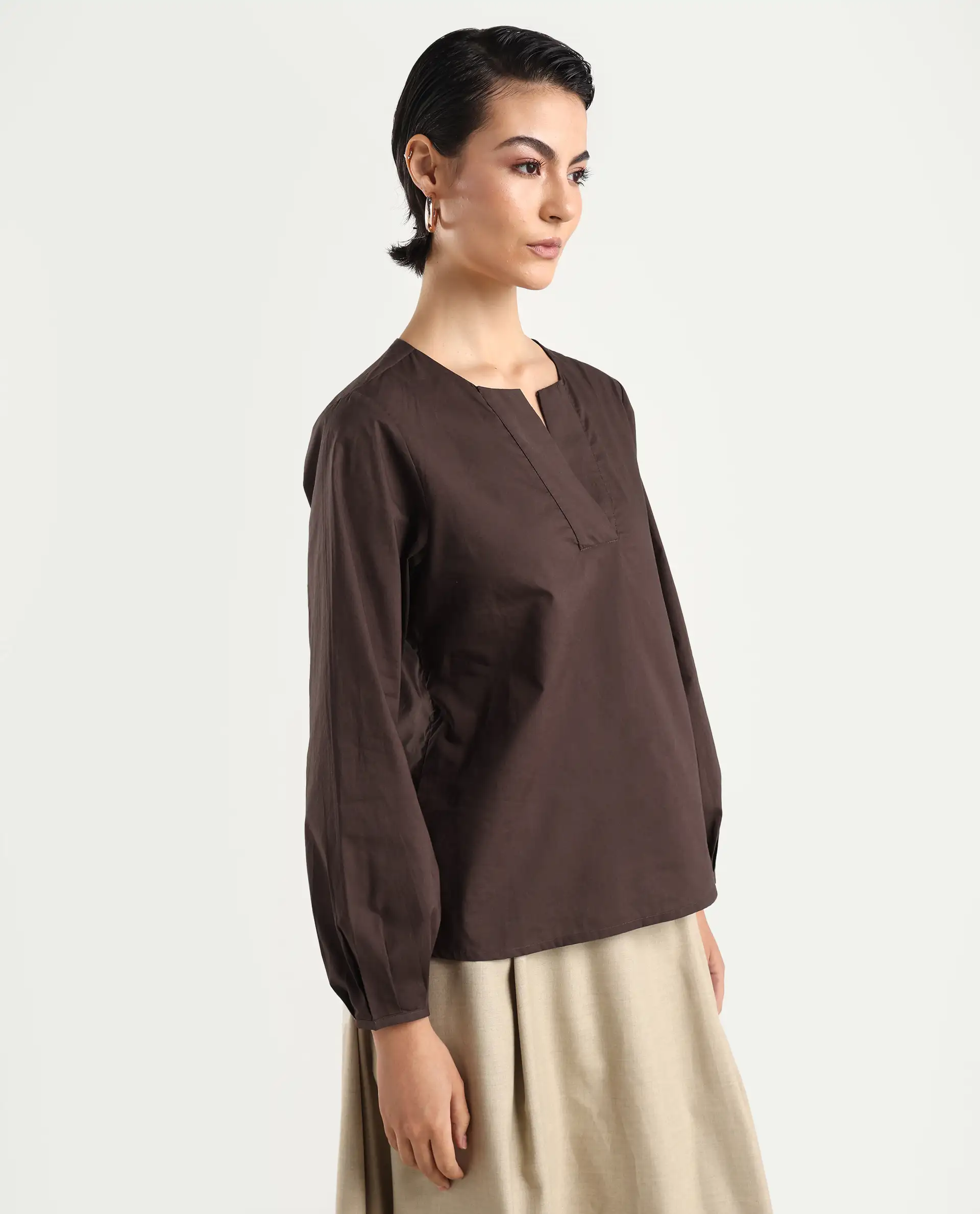 Rareism Women's Dione Brown Cotton Mandarin Collar Plain Cuffed Sleeve Regular Fit Top - Image 6
