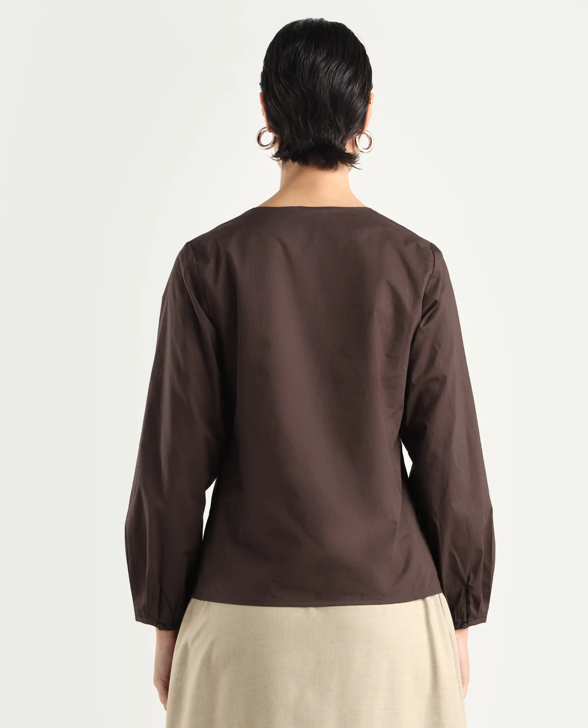 Rareism Women's Dione Brown Cotton Mandarin Collar Plain Cuffed Sleeve Regular Fit Top - Image 7