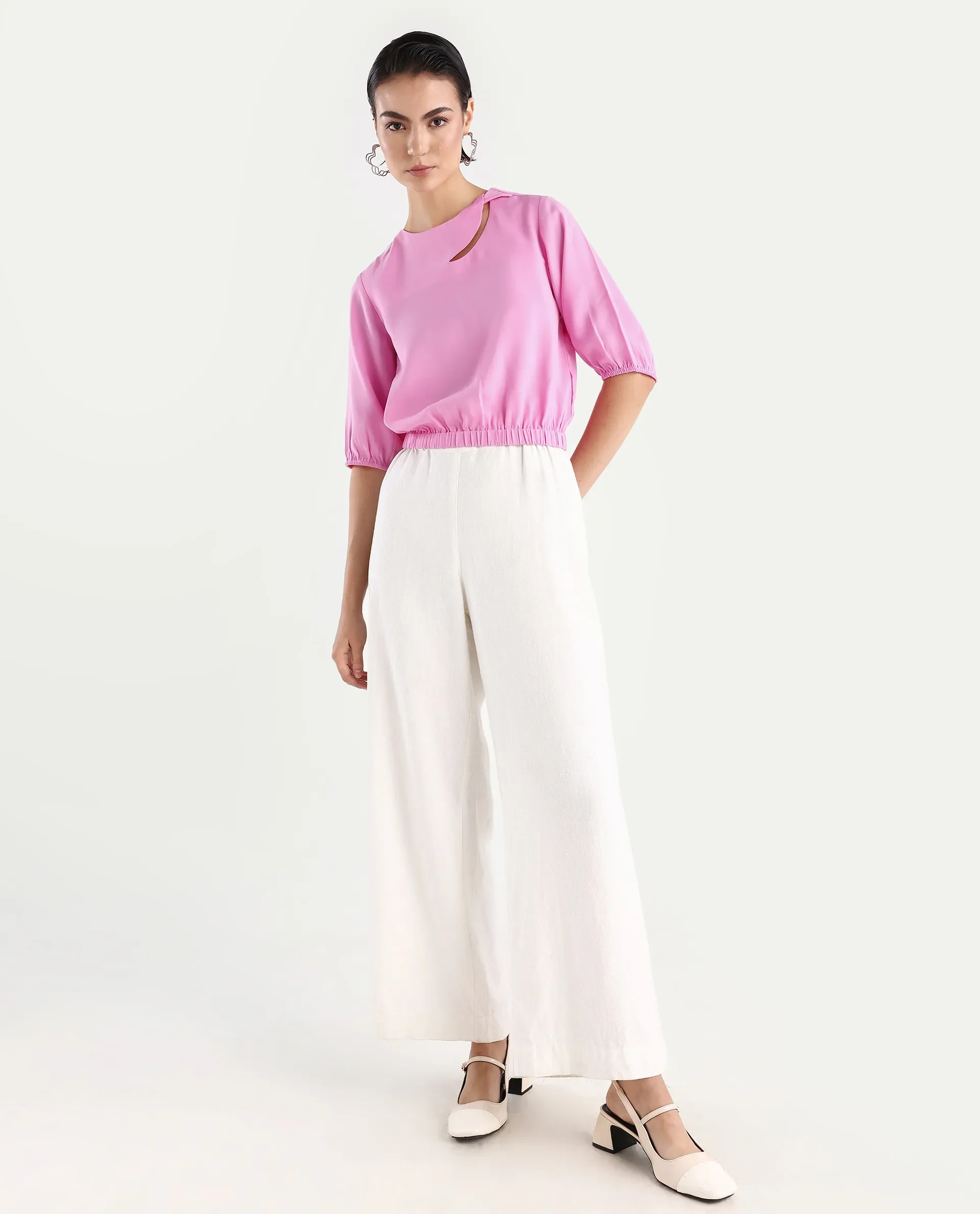 Rareism Women's Dionysus Pink Polyester Blend Crew Neck Plain Crop Regular Fit Top - Image 2