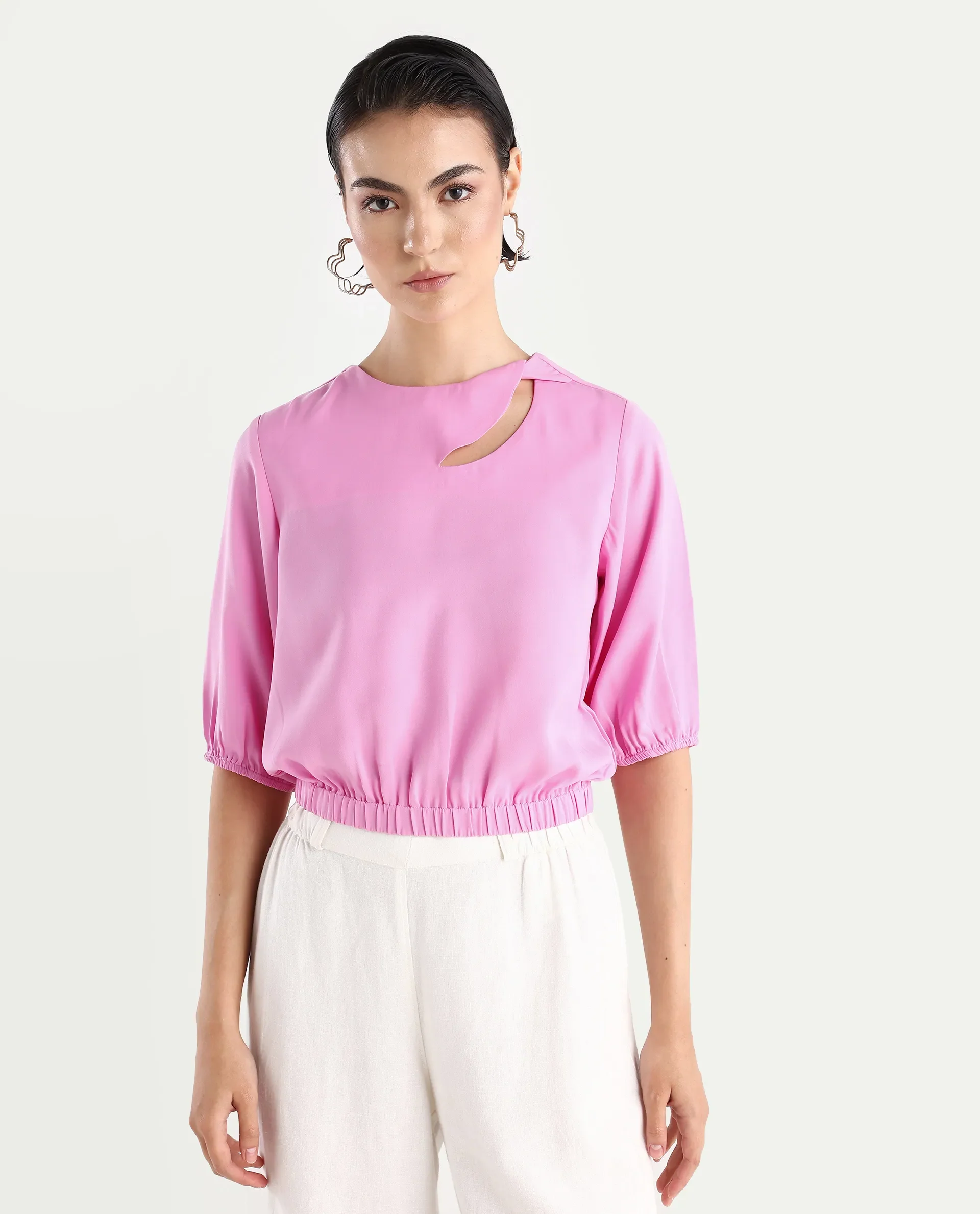 Rareism Women's Dionysus Pink Polyester Blend Crew Neck Plain Crop Regular Fit Top - Image 3