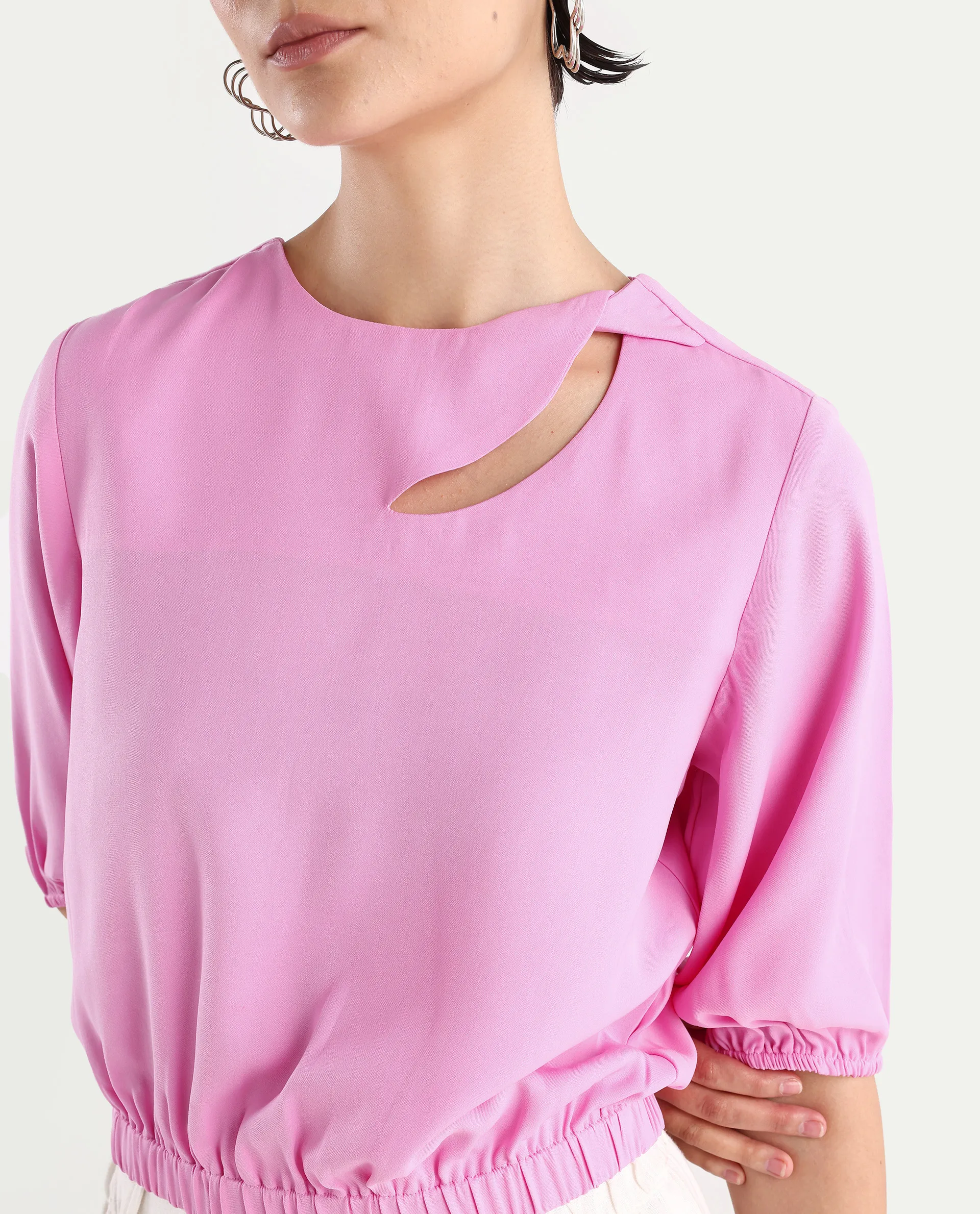 Rareism Women's Dionysus Pink Polyester Blend Crew Neck Plain Crop Regular Fit Top - Image 4