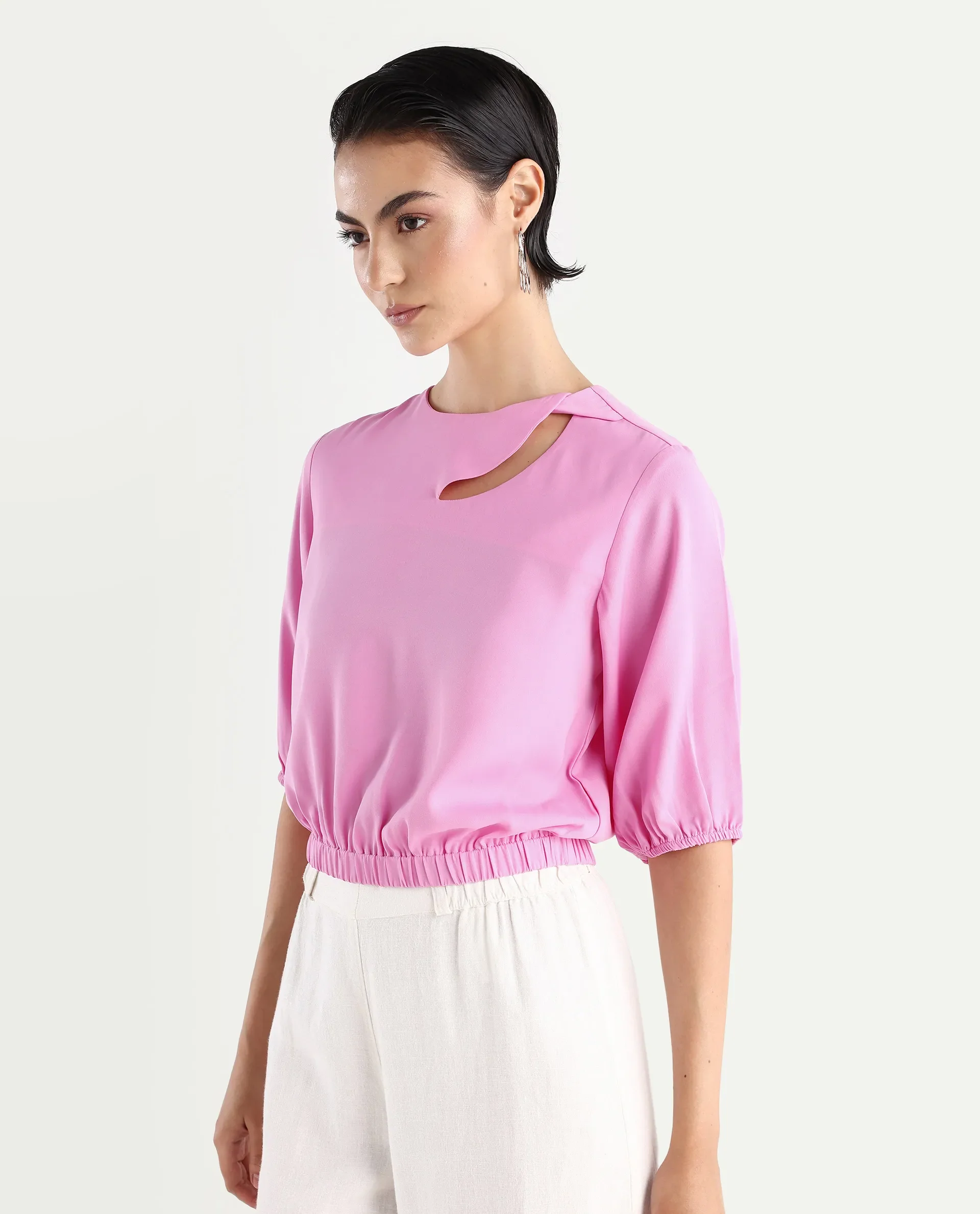Rareism Women's Dionysus Pink Polyester Blend Crew Neck Plain Crop Regular Fit Top - Image 5