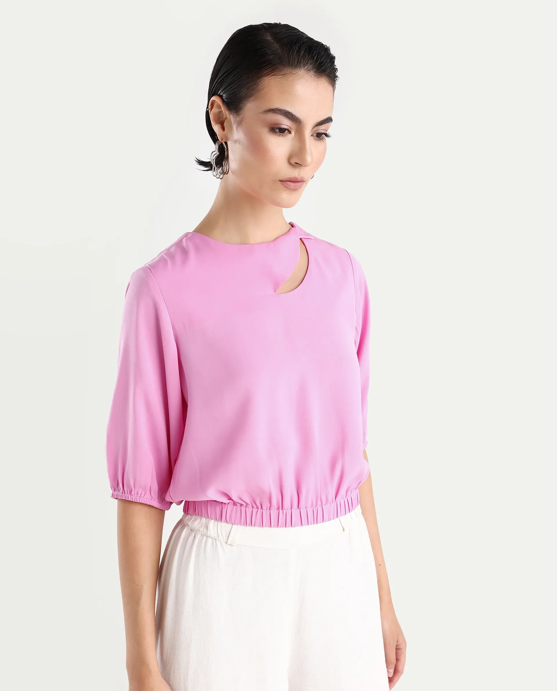 Rareism Women's Dionysus Pink Polyester Blend Crew Neck Plain Crop Regular Fit Top - Image 6