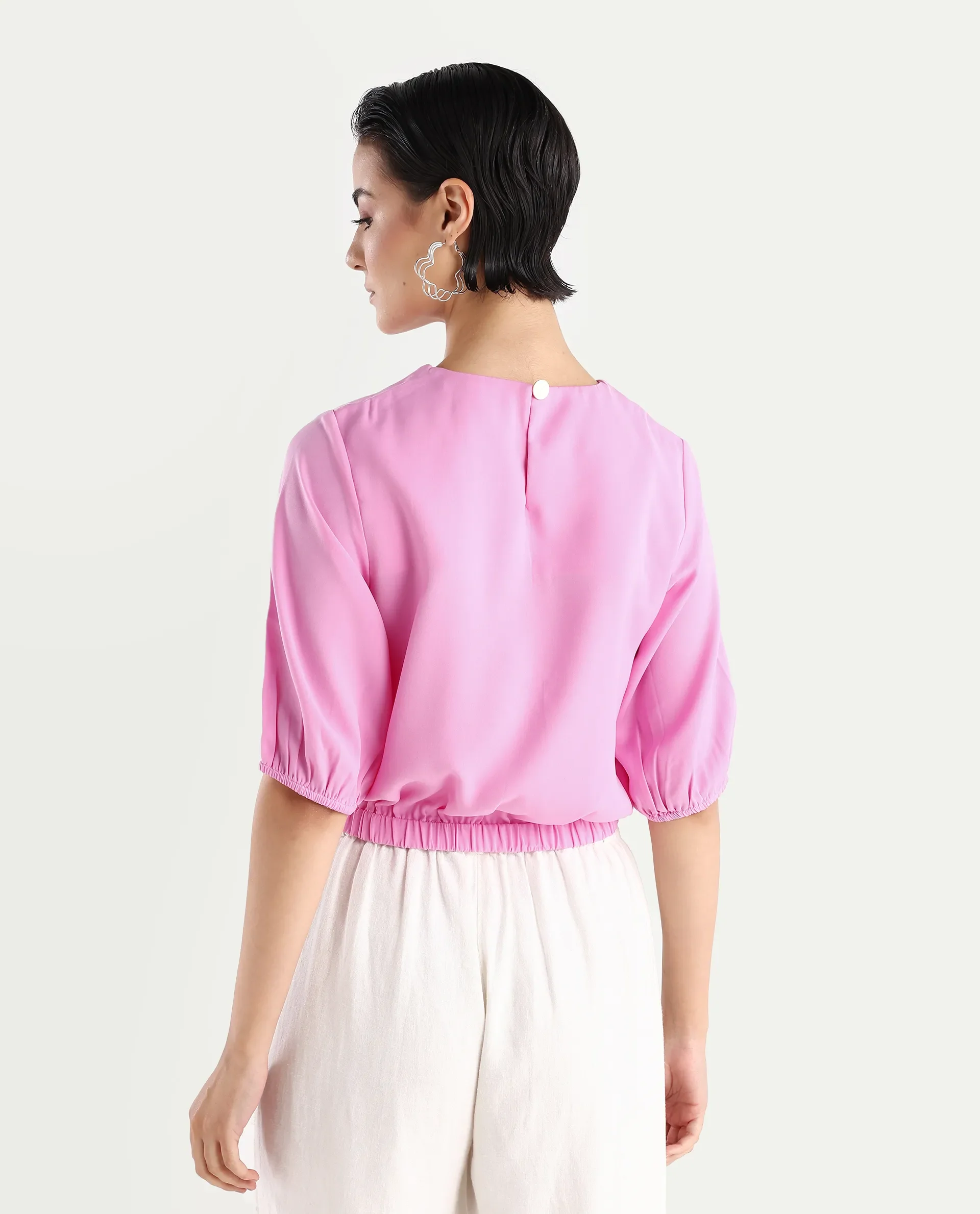 Rareism Women's Dionysus Pink Polyester Blend Crew Neck Plain Crop Regular Fit Top - Image 7