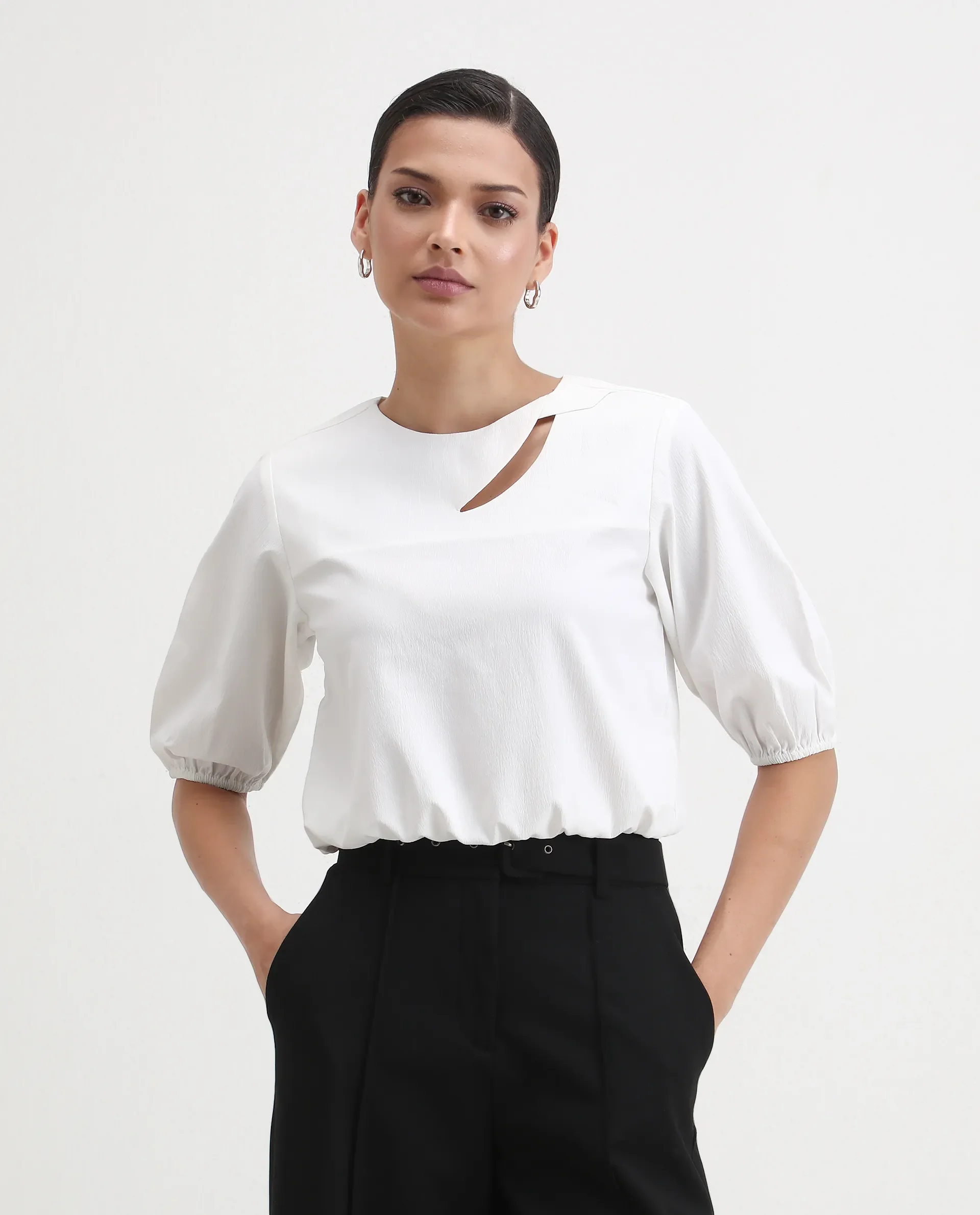 Rareism Women's Dionysus White Polyester Blend Crew Neck Plain Crop Regular Fit Top - Image 4