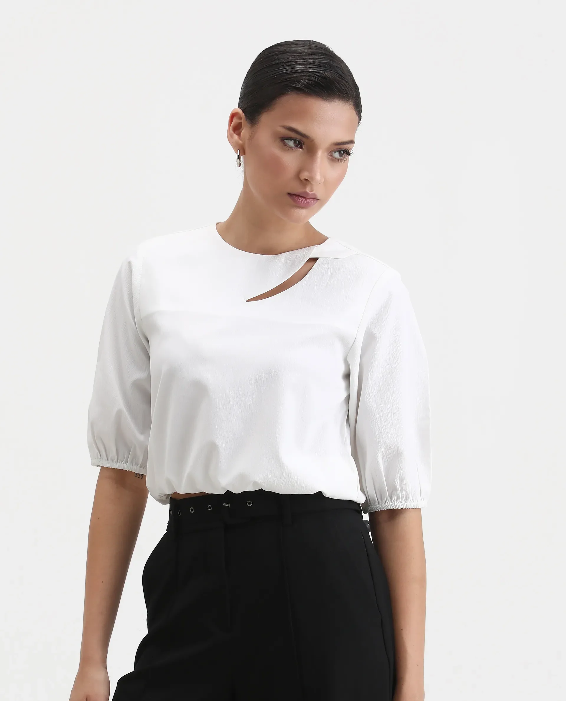 Rareism Women's Dionysus White Polyester Blend Crew Neck Plain Crop Regular Fit Top - Image 6