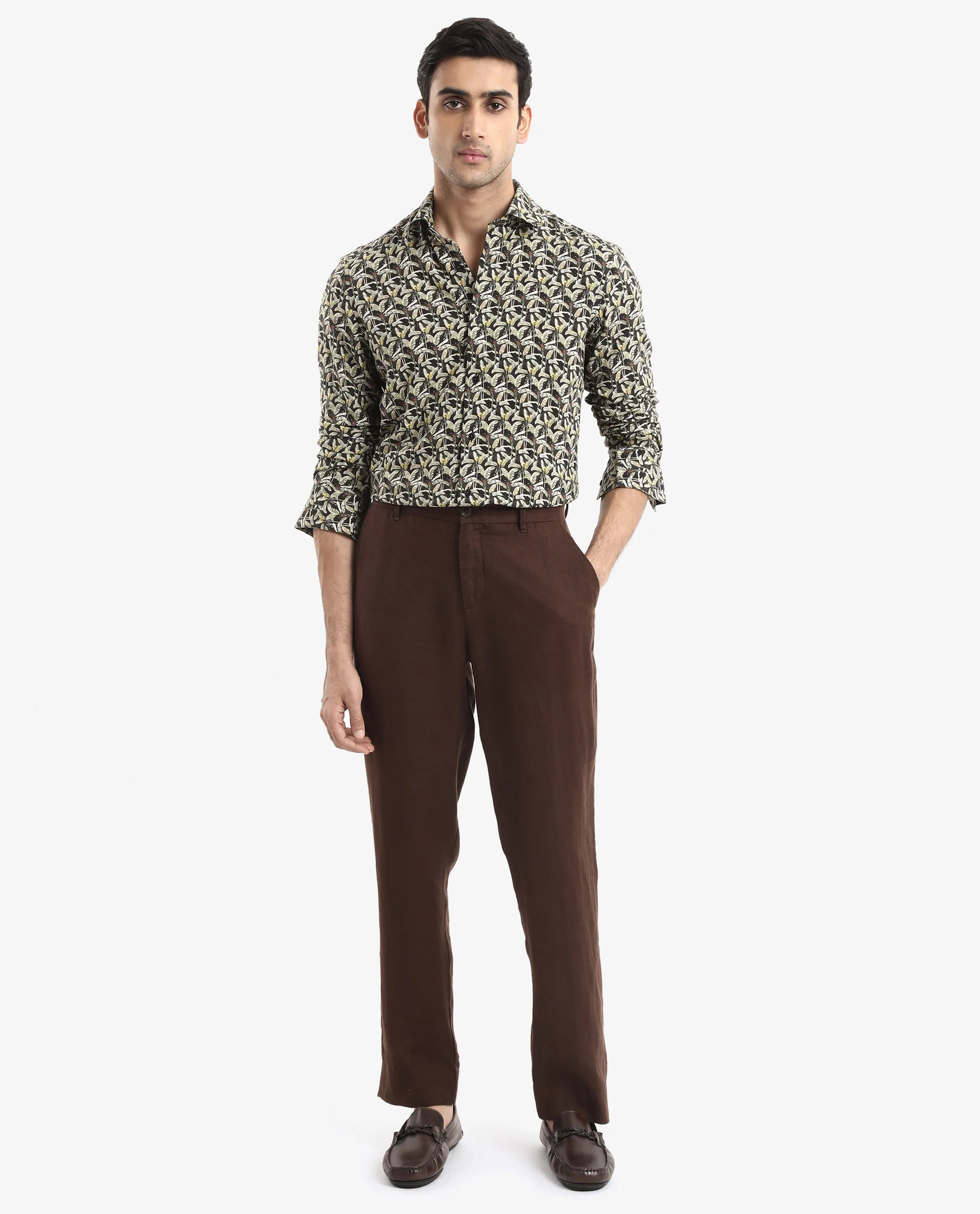 Rare Rabbit Men's Diphda Dark Brown Viscose Tropical Print Regular Fit Full Sleeve Spread Collar Shirt - Image 2