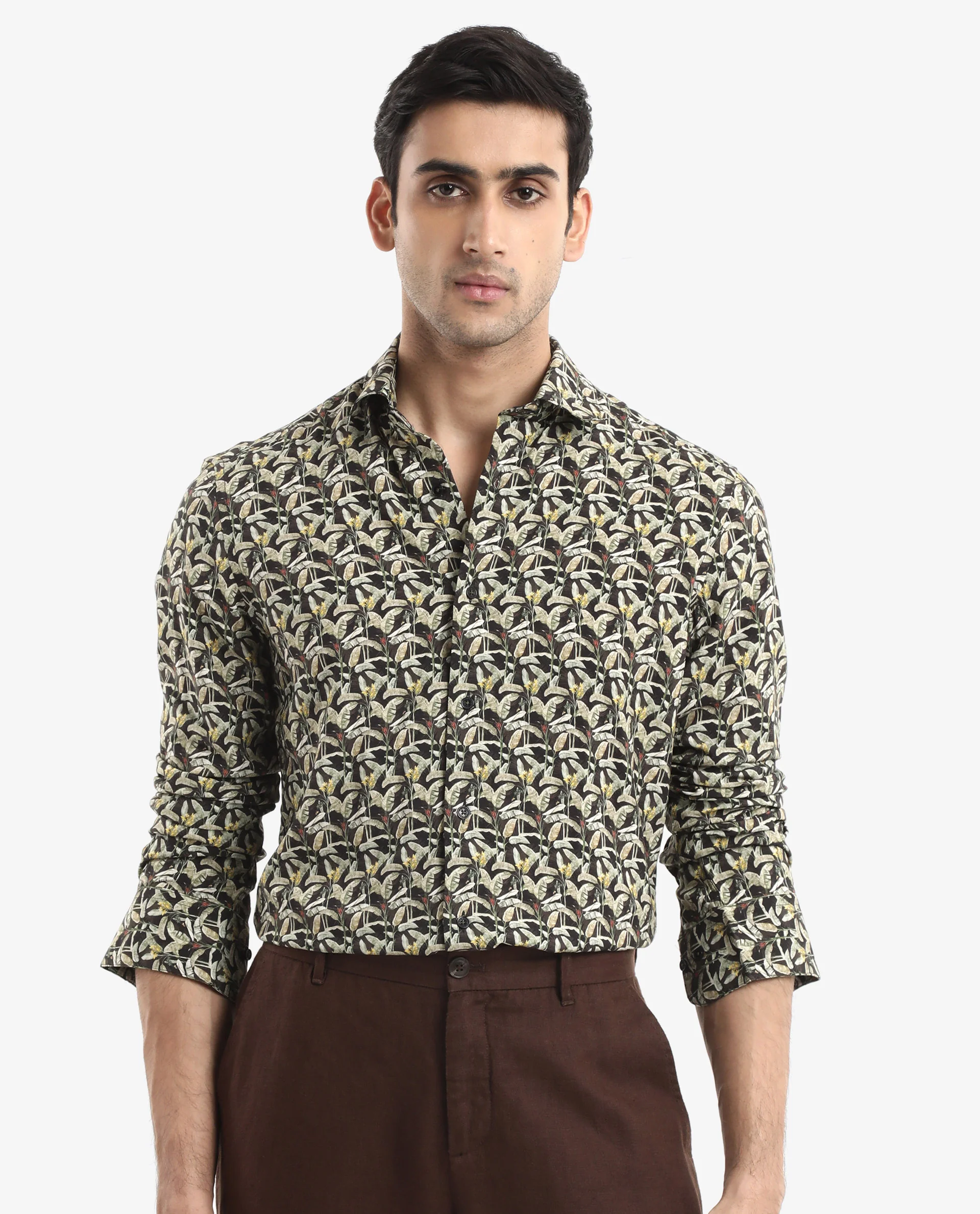 Rare Rabbit Men's Diphda Dark Brown Viscose Tropical Print Regular Fit Full Sleeve Spread Collar Shirt - Image 3